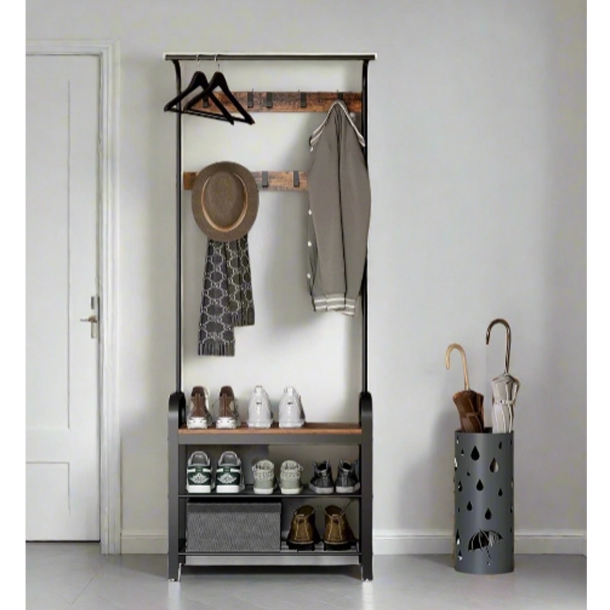 MORVANE Coat Rack 4-in-1 Hallway Stand with Bench and Shoe Storage - Rustic Brown and Black - The Urban Forge