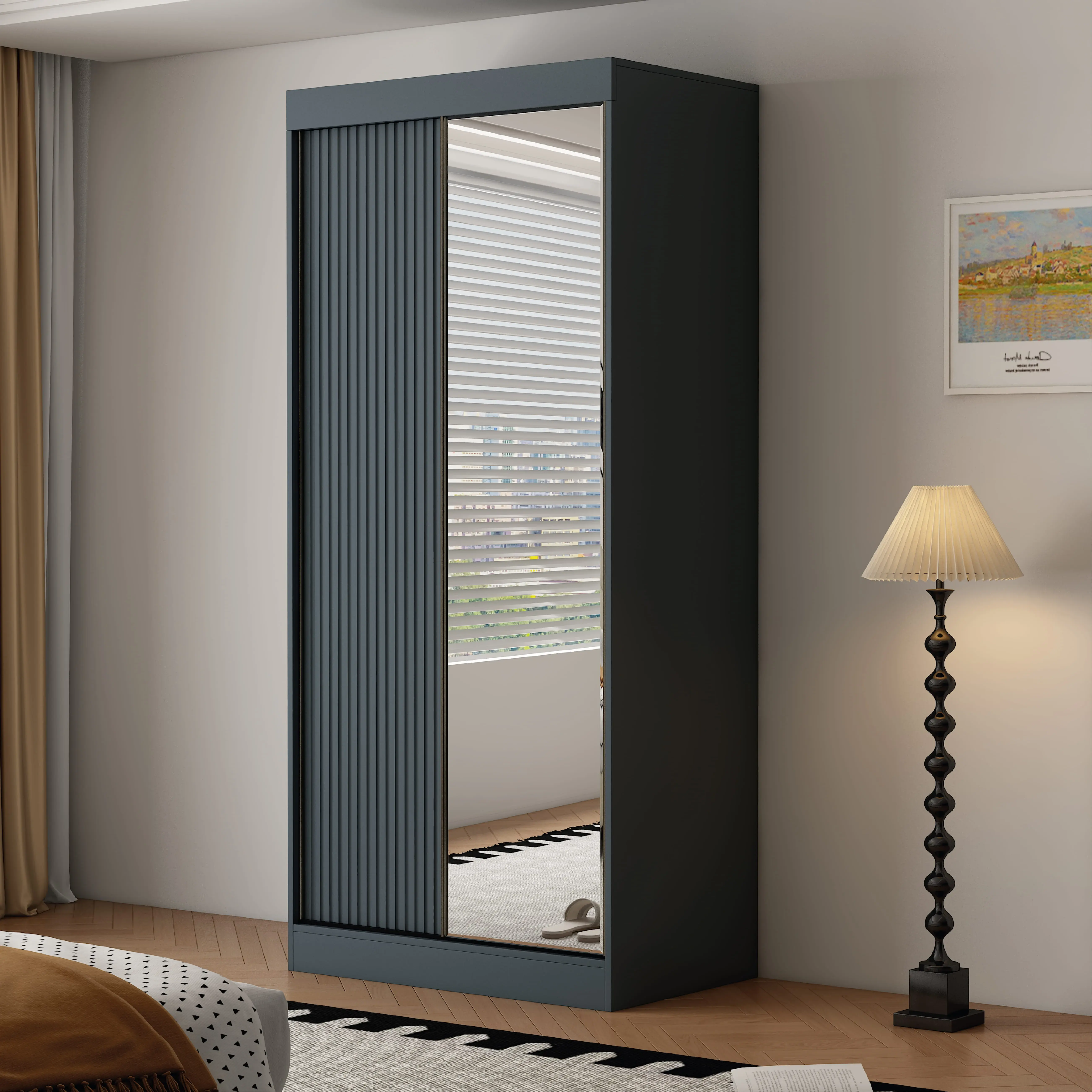 VIENNA 2 Door Mirrored Sliding Wardrobe Dark Grey - 100cm - Wimex Distribution