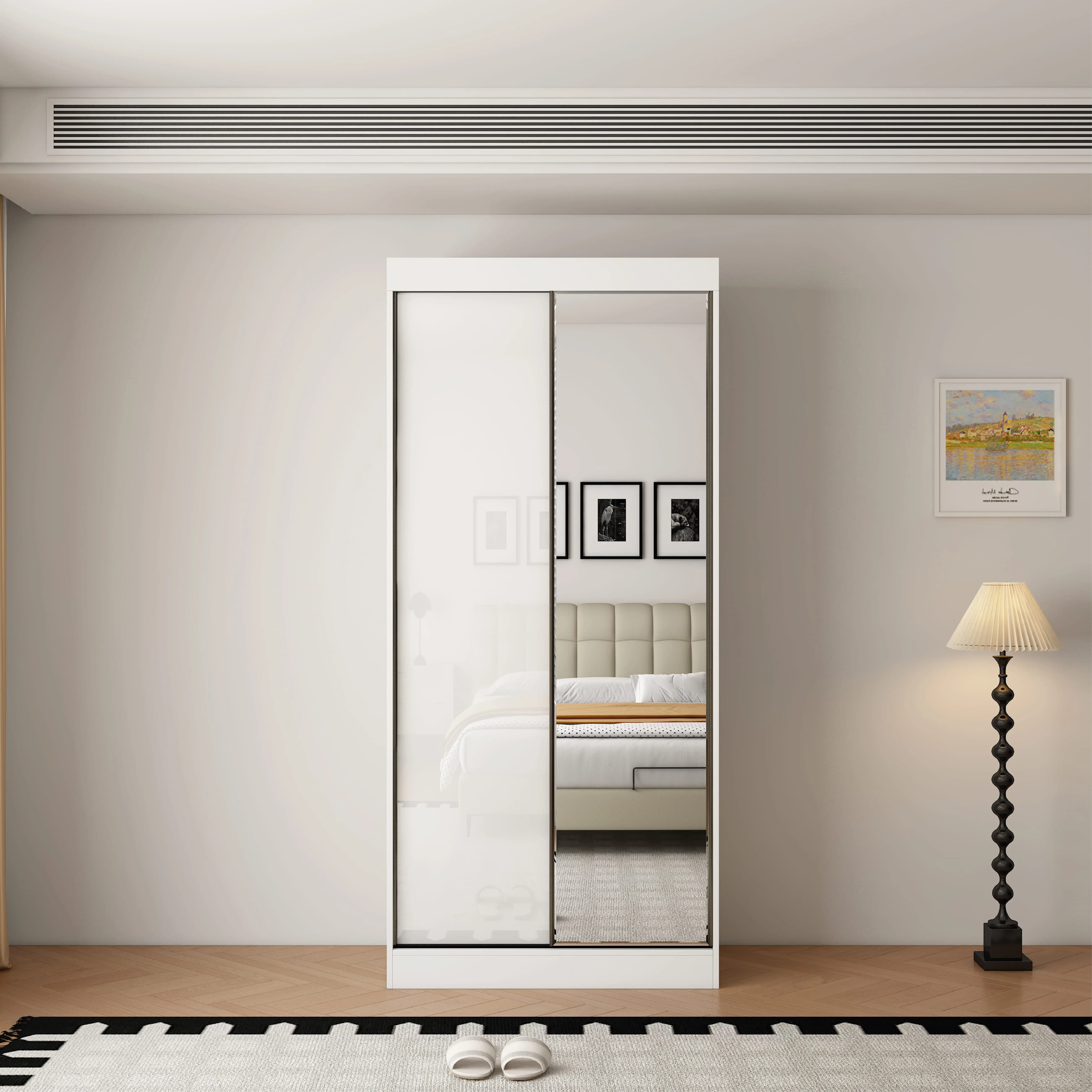 OCEANIC 2 Door Mirrored Sliding Wardrobe Gloss White - 100cm - Wimex Distribution