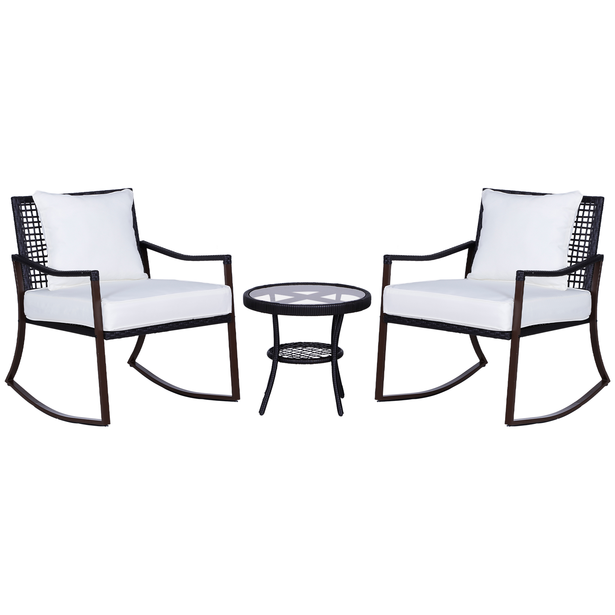 2 Seater Rattan Bistro Set 2 Rocking Armchair with Pillow Cushion & Tempered Glass Round Coffee Table Wicker Weave Furniture, Brown - Life Essentials