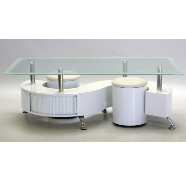Helston luxurious White High Gloss Coffee Table with Set of 2 Stools and Glass Table Top - Sigrid Mills