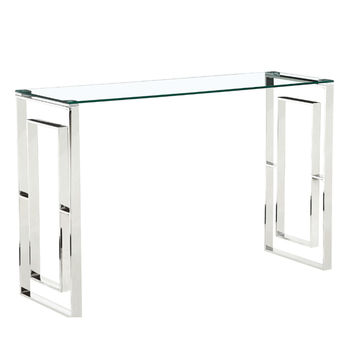 Olympia Luxe Glass Console Table Stylish Silver Frame with Clear Glass Top - Sigrid Mills