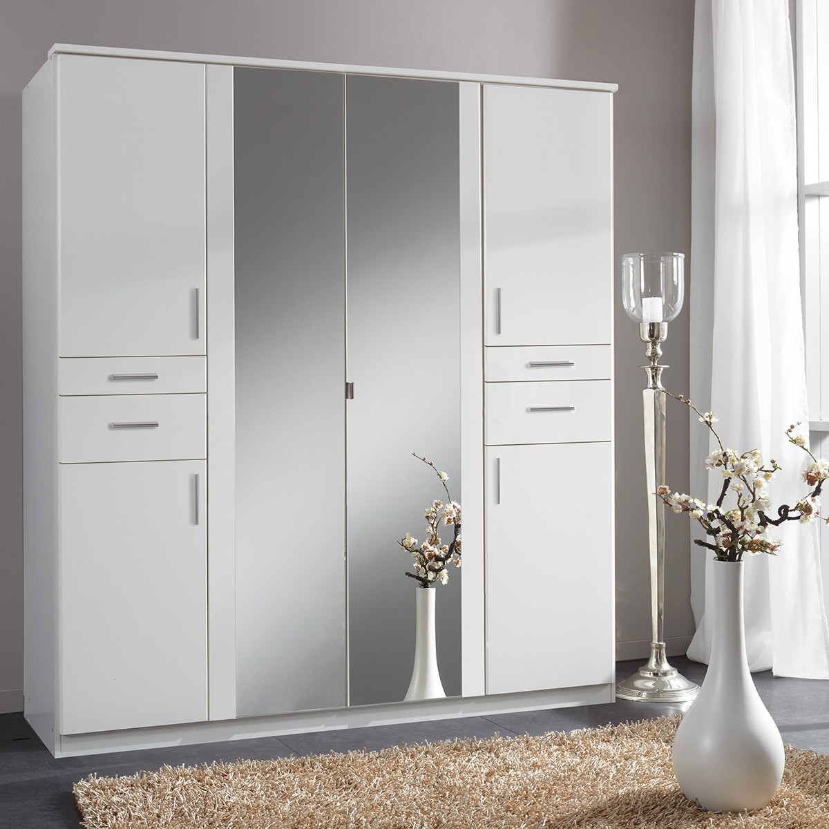 Wardrobe - KODERA 6 Door 4 Drawers Wardrobe White 180cm - Wimex Distribution