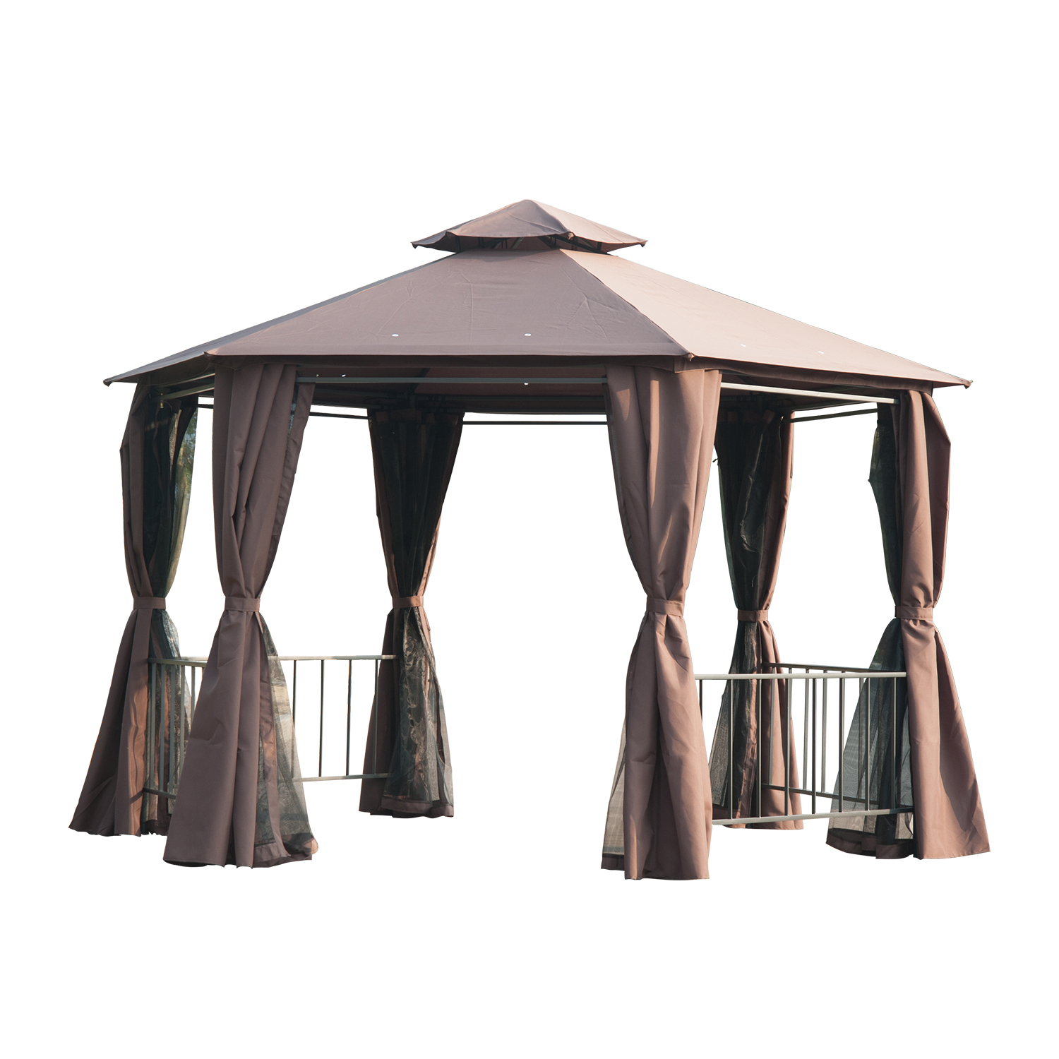 Hexagon Gazebo Patio Canopy Party Tent Outdoor Garden Shelter w/ 2 Tier Roof & Side Panel - Brown - Life Essentials
