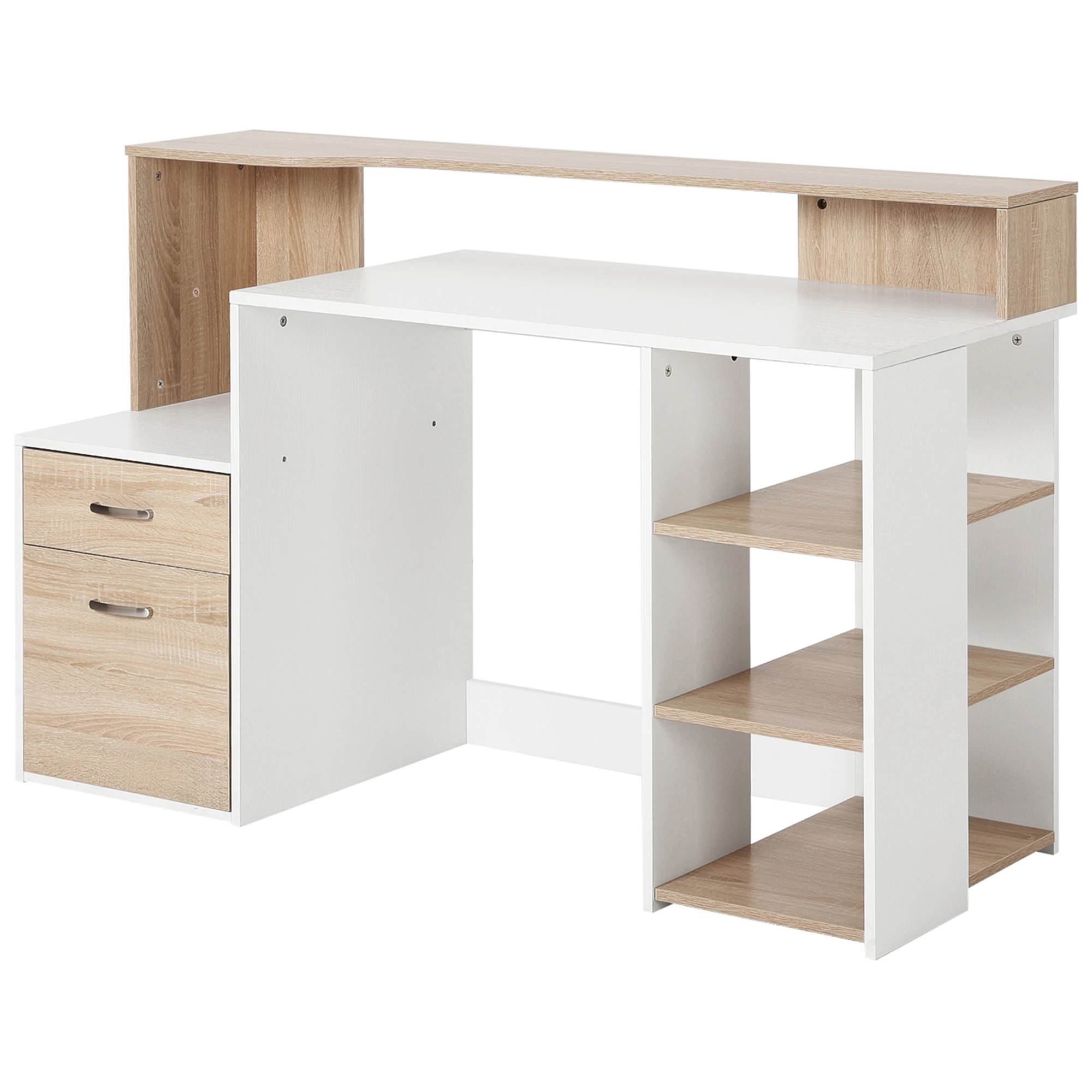 Computer Desk PC Table Modern Home Office Writing Workstation Furniture Printer Shelf Rack w/ Storage Drawer & Shelves (Oak and white) - Life 