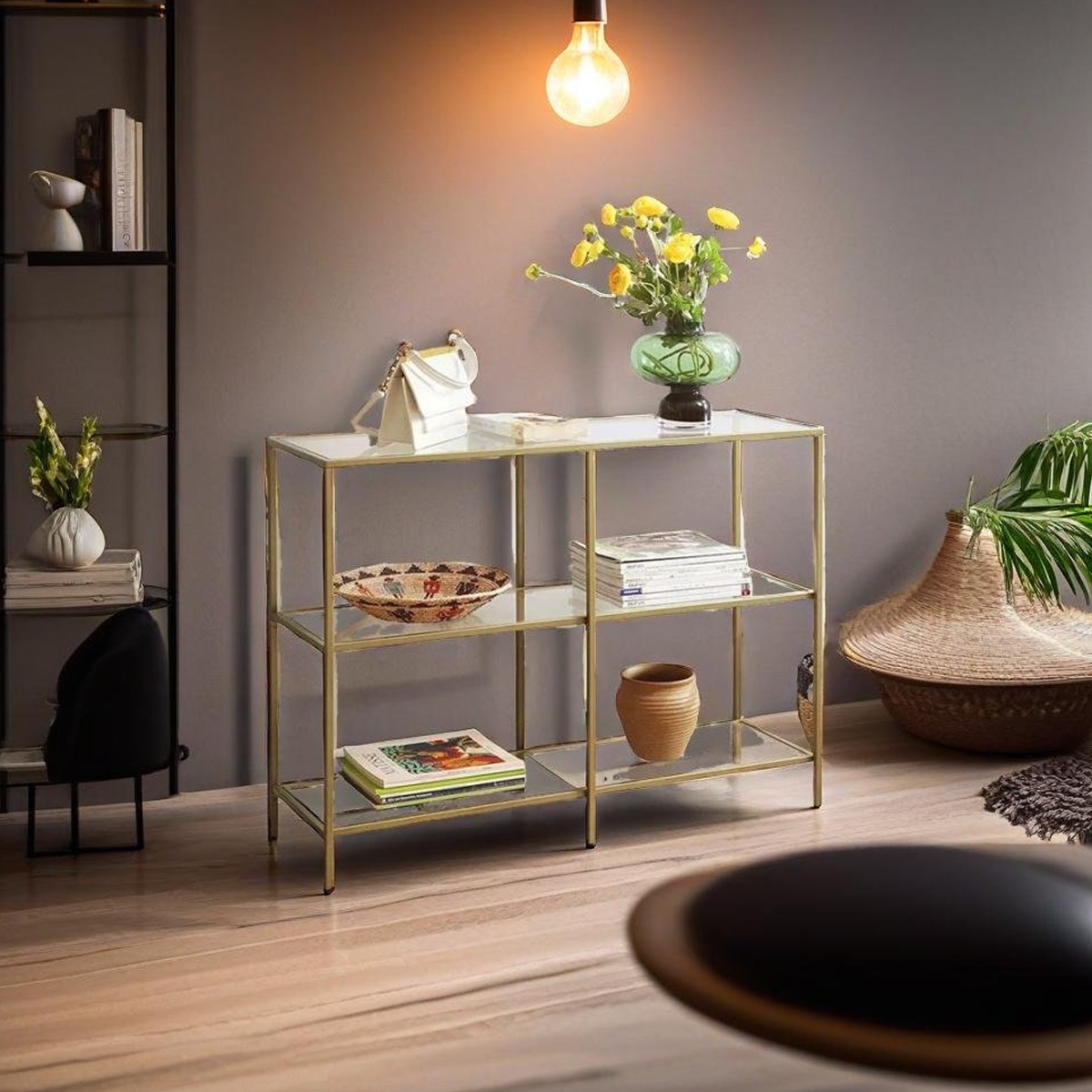 KLYVORA Console Table 3-Tier Glass Display Shelf Unit - Clear and Black - The Urban Forge