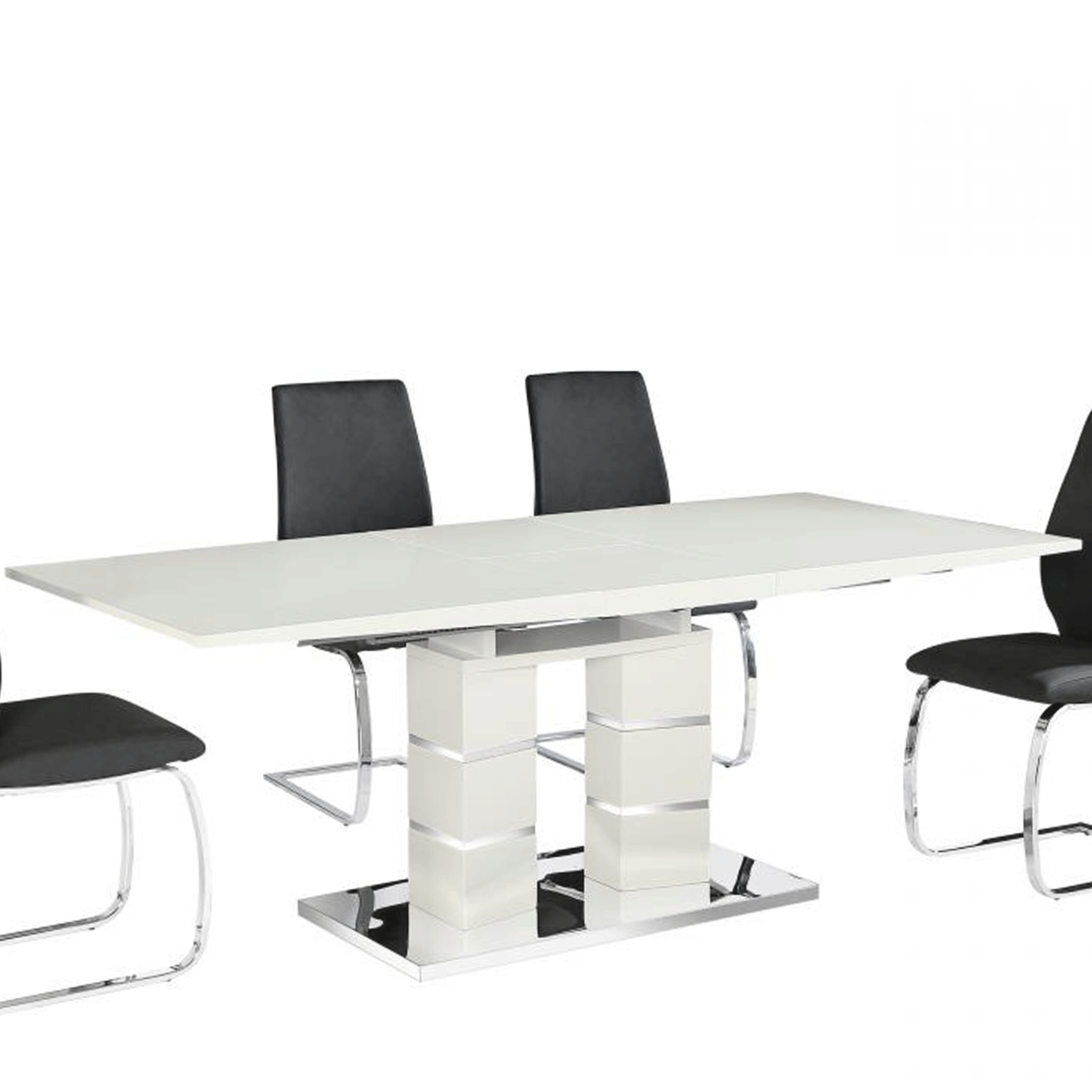 Okehampton High Gloss Dining Table Extendable Elegance with Steel Strip Frame - White - Sigrid Mills