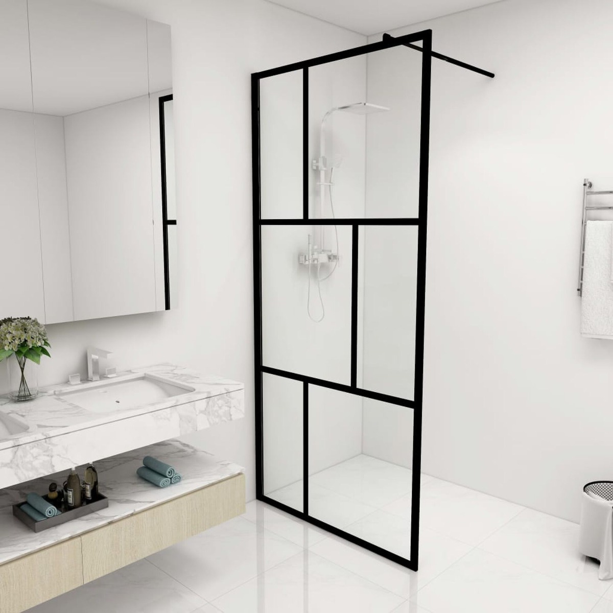 Walk-in Shower Wall with Tempered Glass Black 90x195 cm - Millennium Furniture