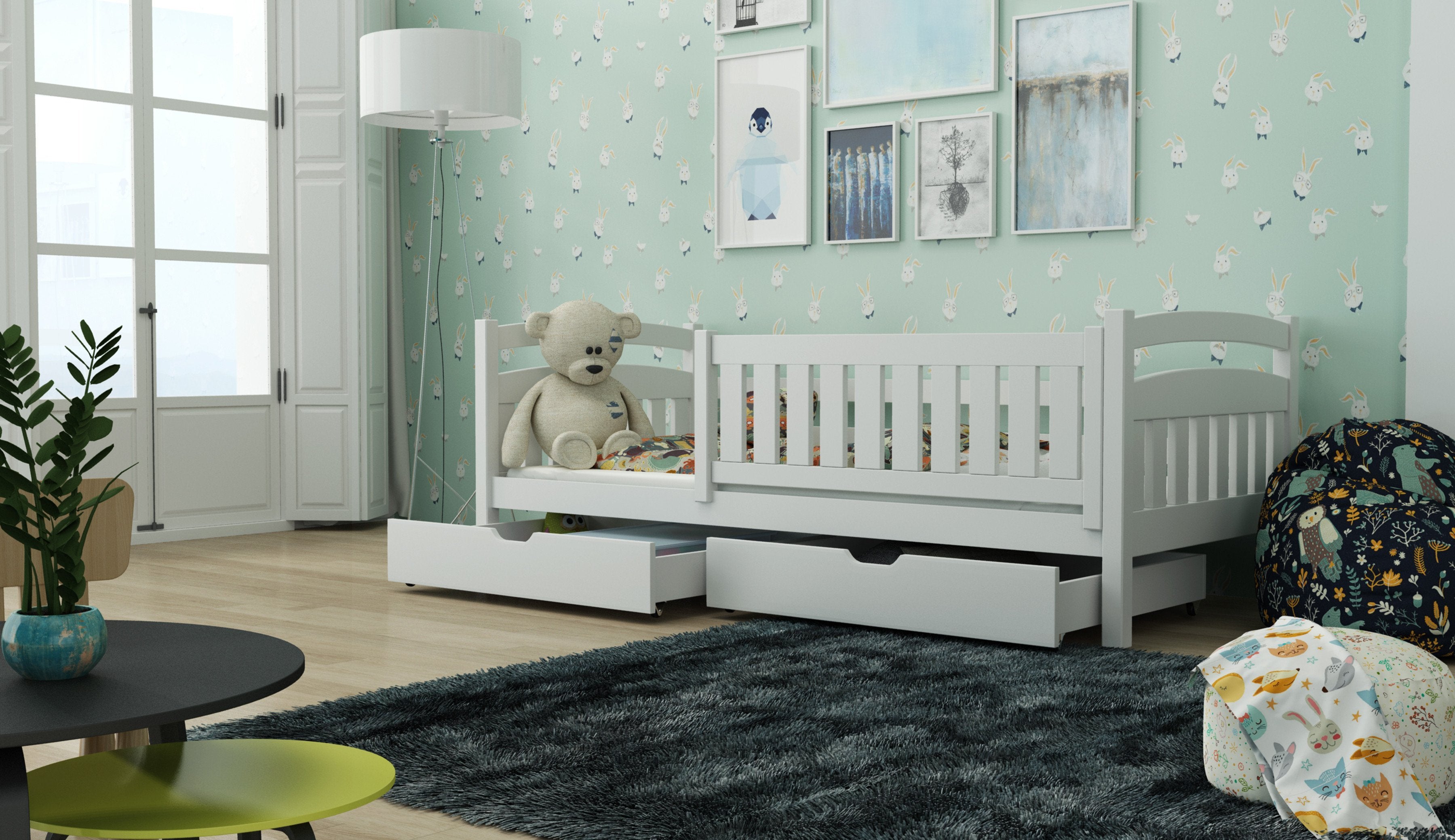 Terrance Wooden Bed with 2 Drawers Storage and Foam Mattress - White - Art Nest