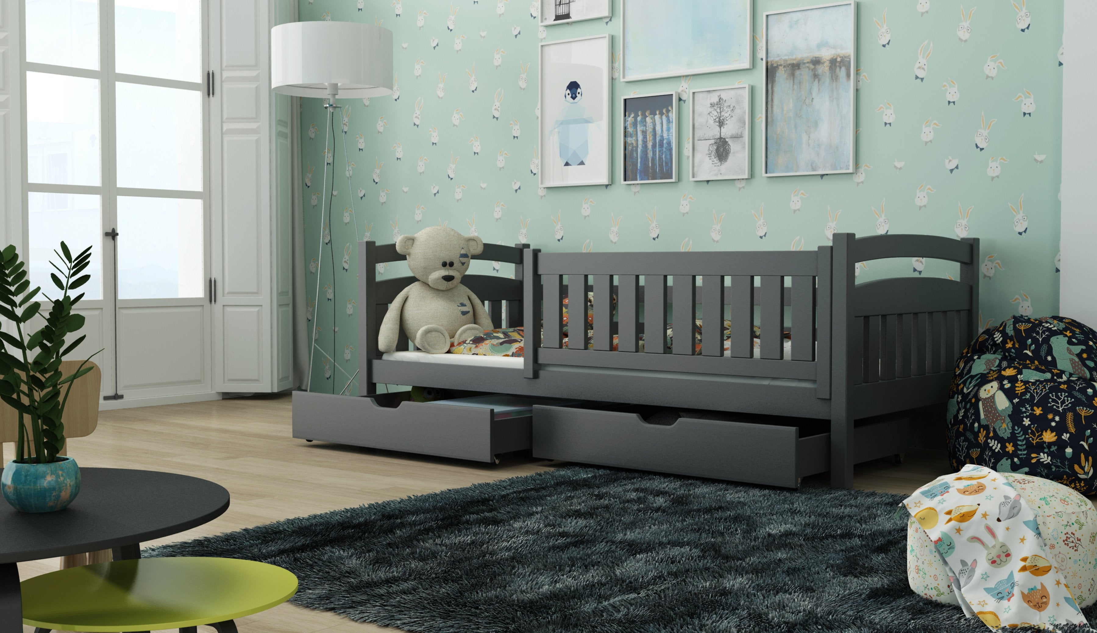 Terrance Wooden Bed with 2 Drawers Storage and Foam Mattress - Graphite - Art Nest