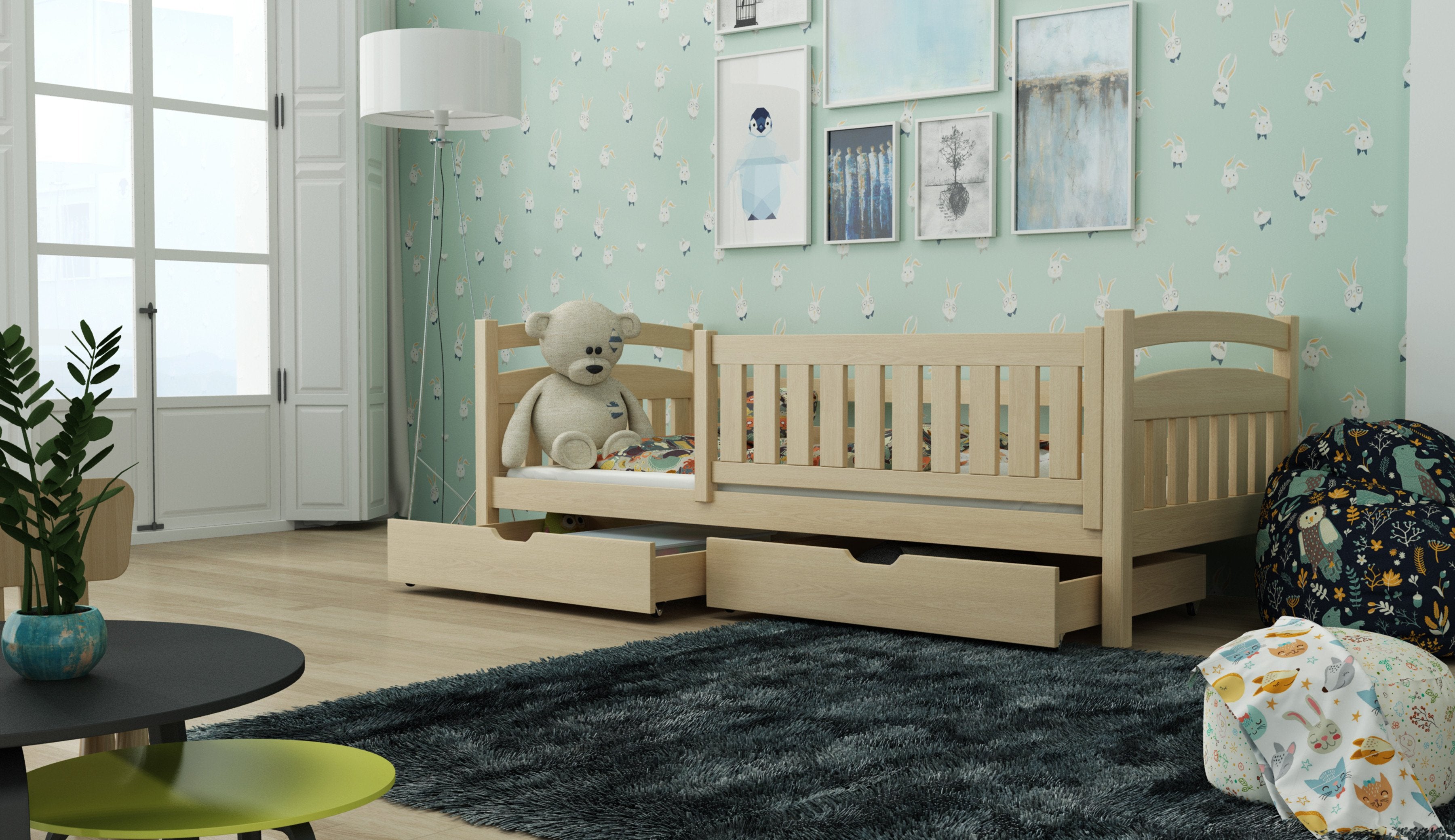 Terrance Wooden Bed with 2 Drawers Storage and Foam Mattress - Pine - Art Nest