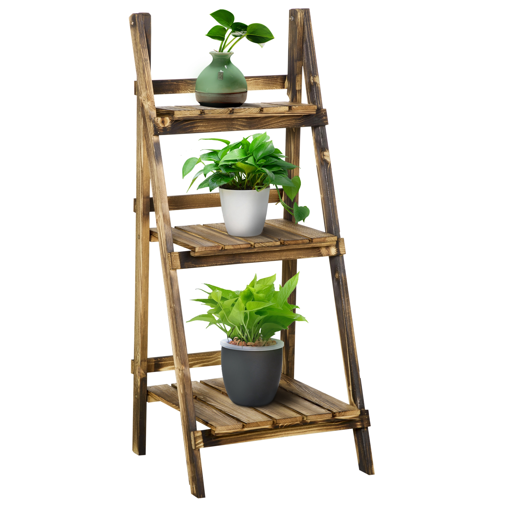 3 Tier Flower Stand Wood Folding Planter Ladder Display Shelf Rack for Garden Outdoor Backyard 40Lx37Wx93H(cm) - Life Essentials
