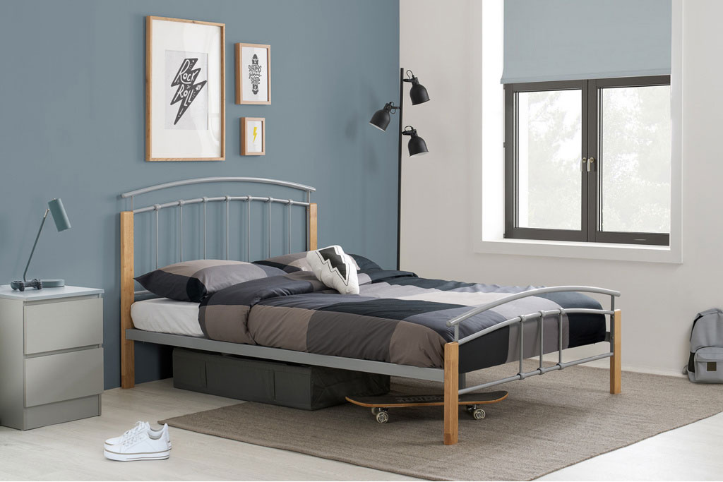 Birlea Tetras Beech and Silver Metal Bed Frame - Double 4ft6 - Birlea Essentials