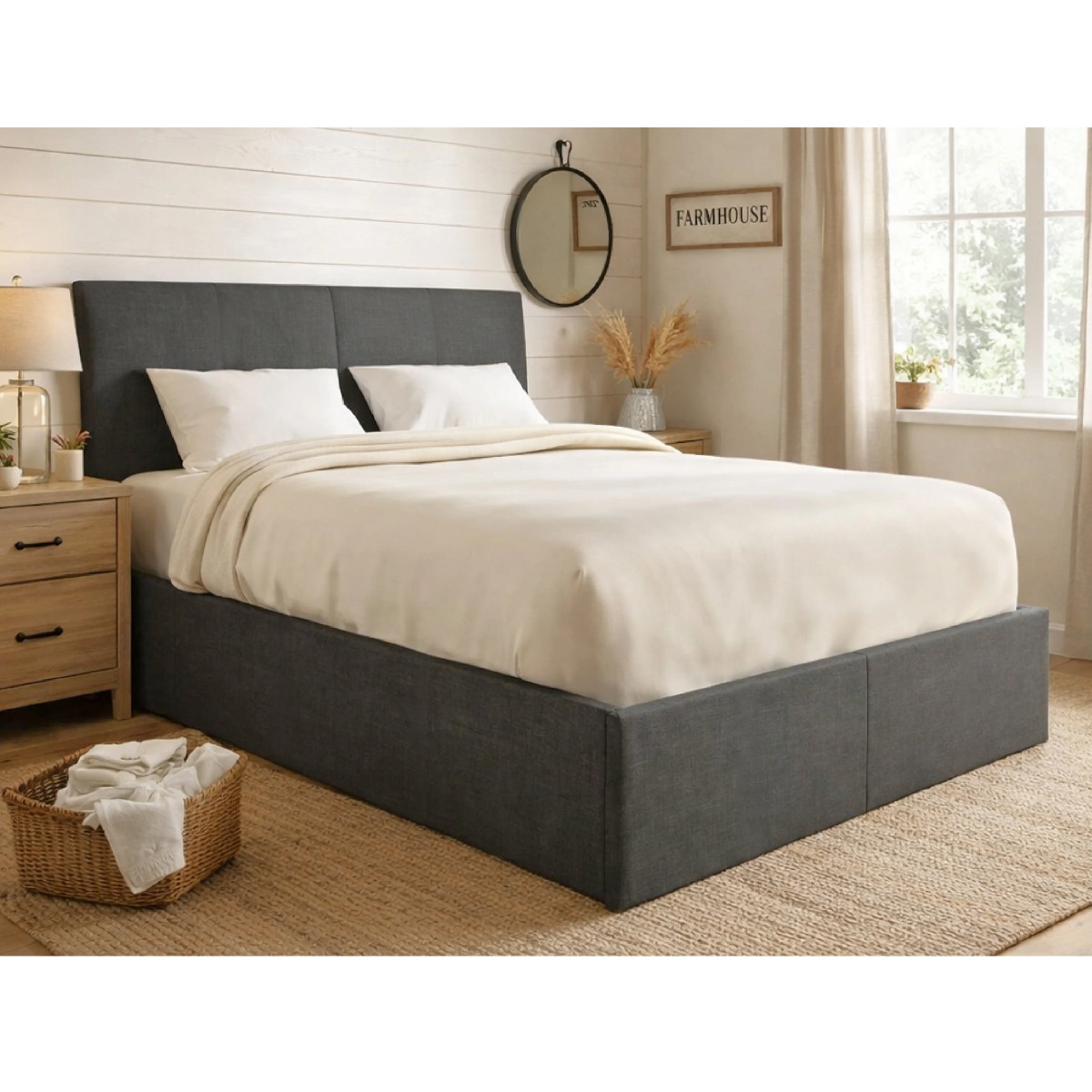 Double Bed - TEXORA 4ft6 Ottoman Bedframe - Grey - Beds-To-Go