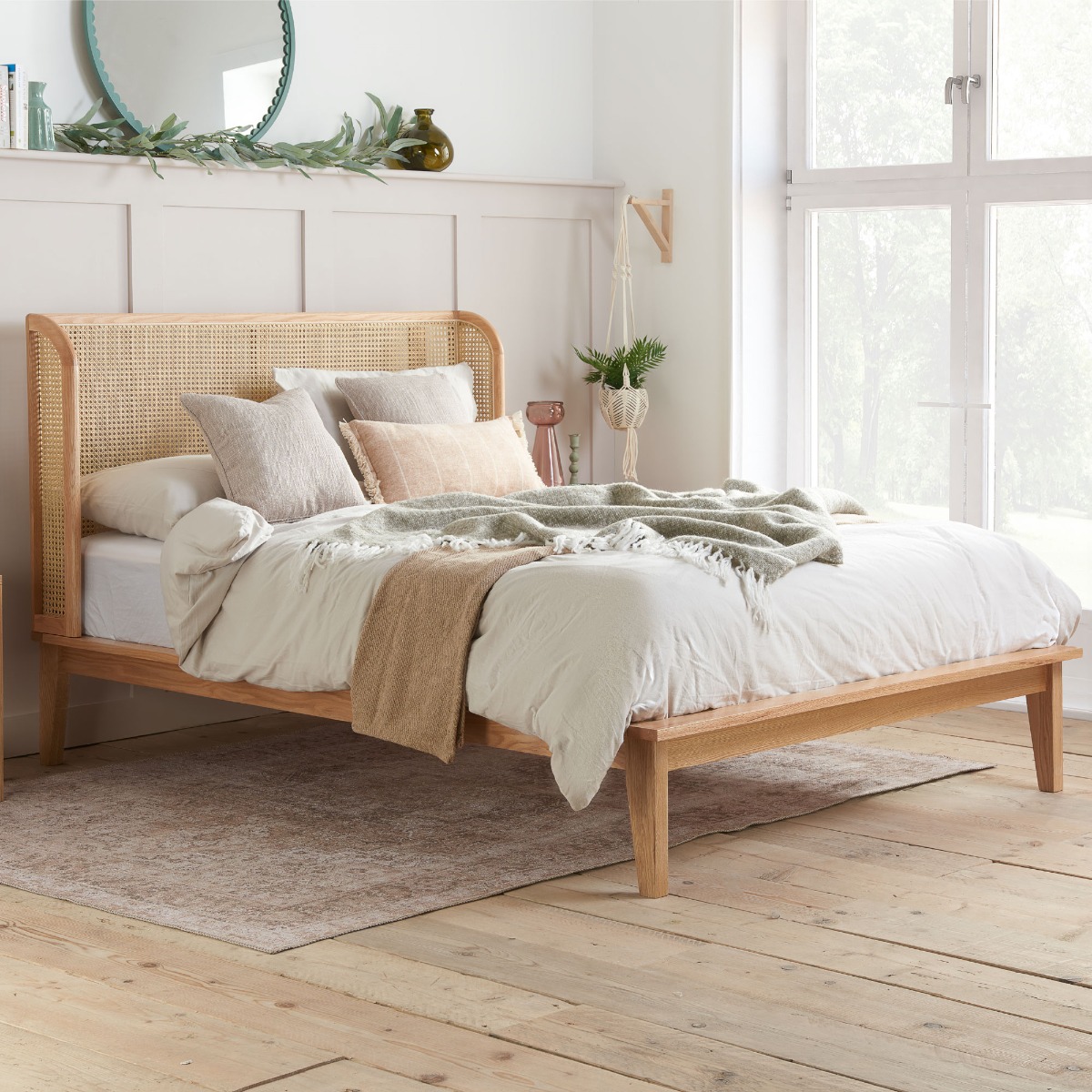 Titler Rattan Arc Design Headboard 4ft6 Double Wooden Bed - Oak - Birlea Essentials