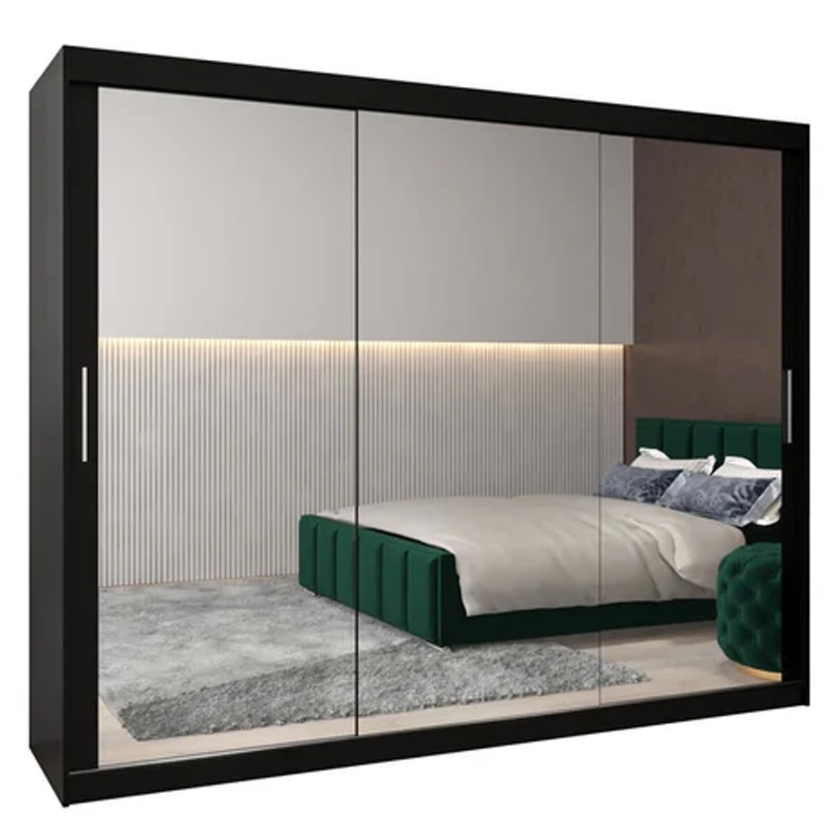 Sliding Wardrobe - TIVERTON III 3 Door Mirrored Wardrobe Black 250cm - Art Nest