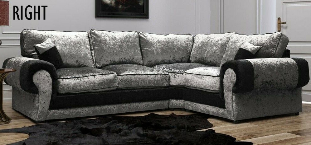 TRACY Crushed Velvet 4 Seater L Shaped - Right Hand Facing Corner Sofa - Silver and Black - Home Done