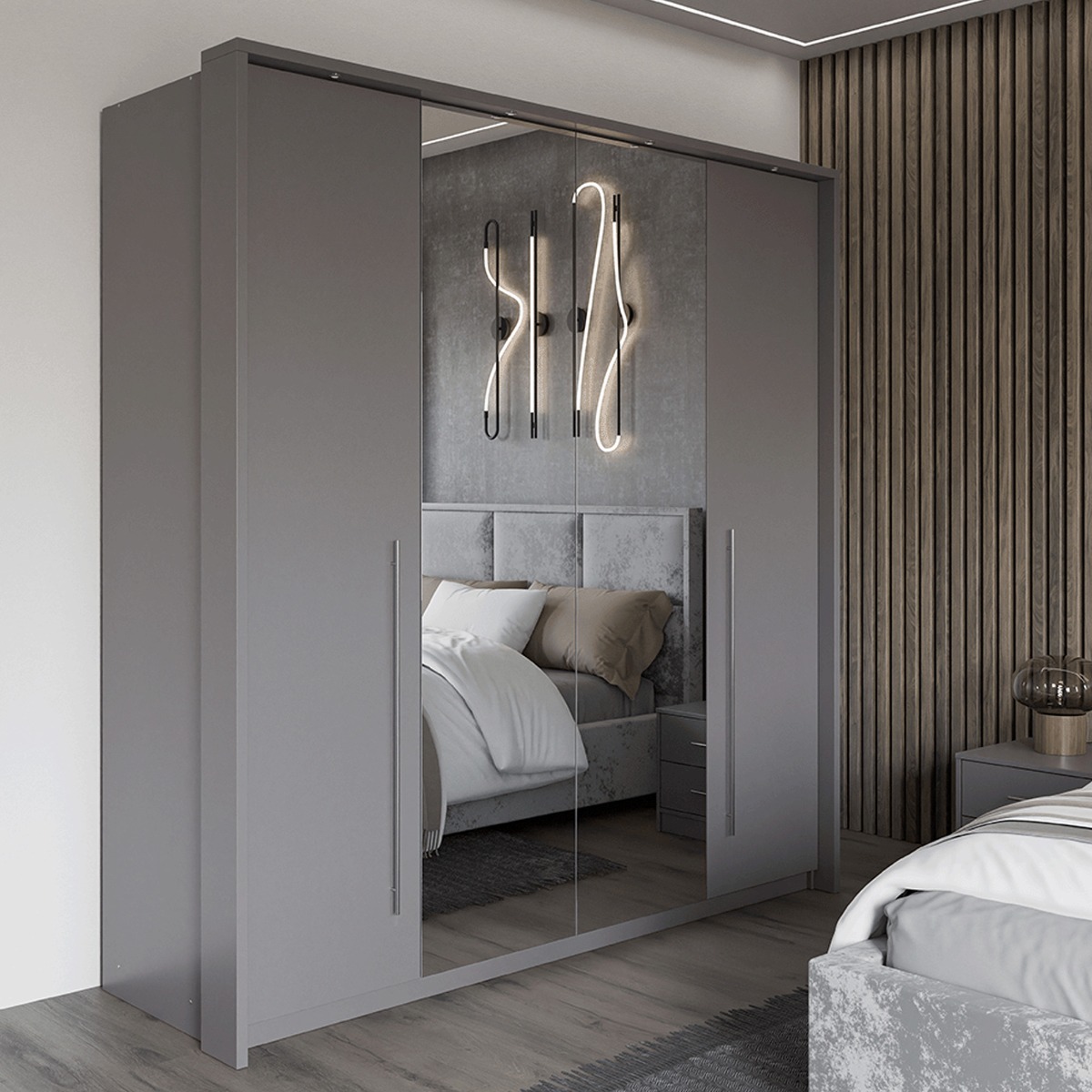 Sliding Wardrobe - KIRKLEES 2 Door Mirrored Wardrobe Lava Grey 210cm - Avellino & Wells