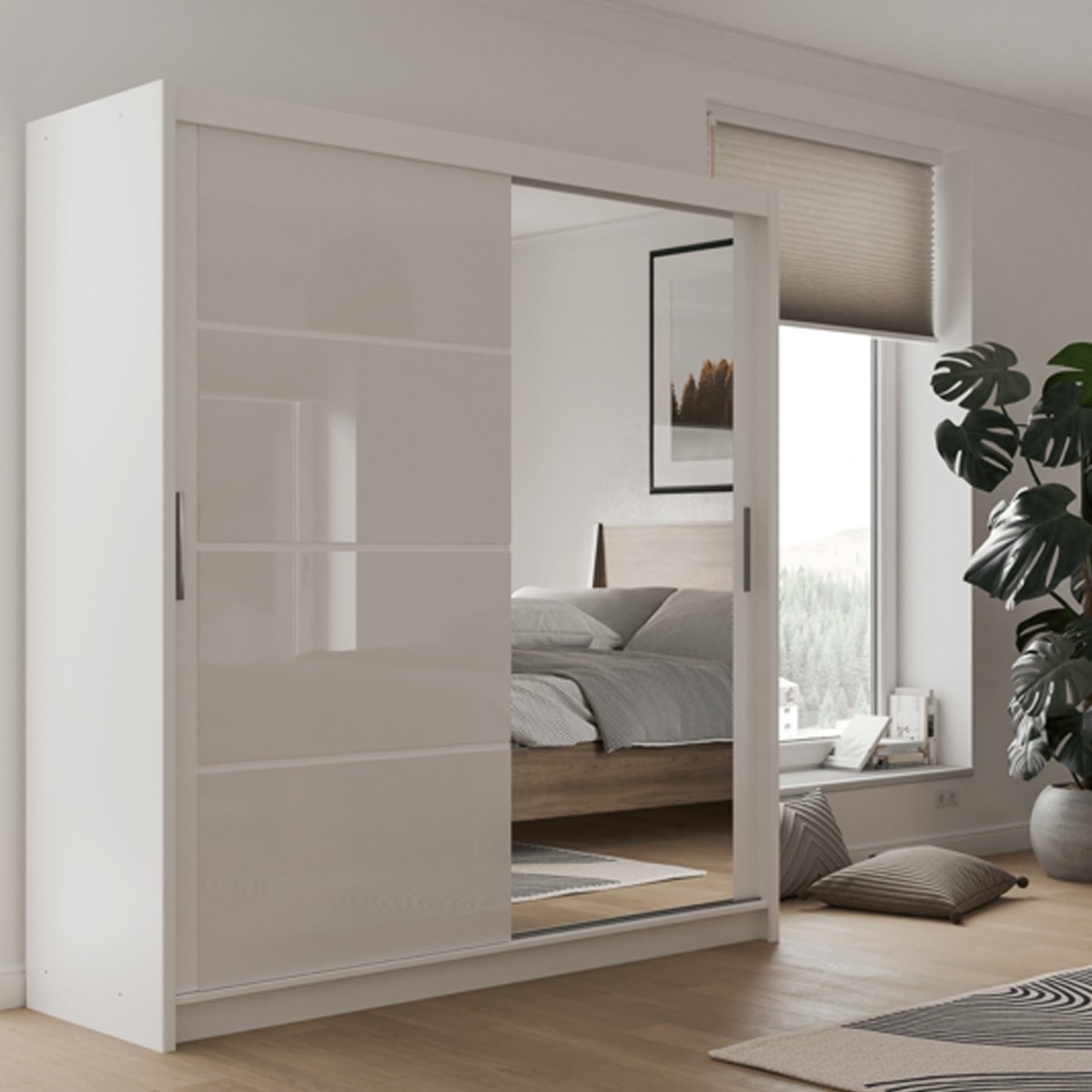 Sliding Wardrobe - HIGHLAND 2 Door Mirrored Wardrobe White 203cm - Avellino & Wells