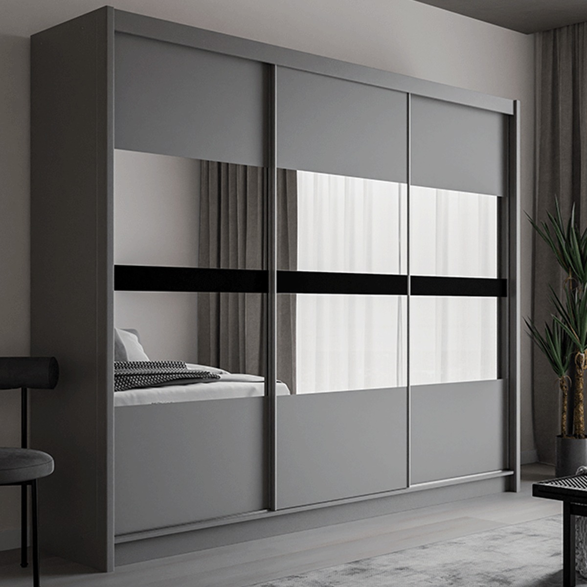 Sliding Wardrobe - TRAFFORD 3 Door Mirrored Wardrobe Graphite 250cm - Avellino & Wells