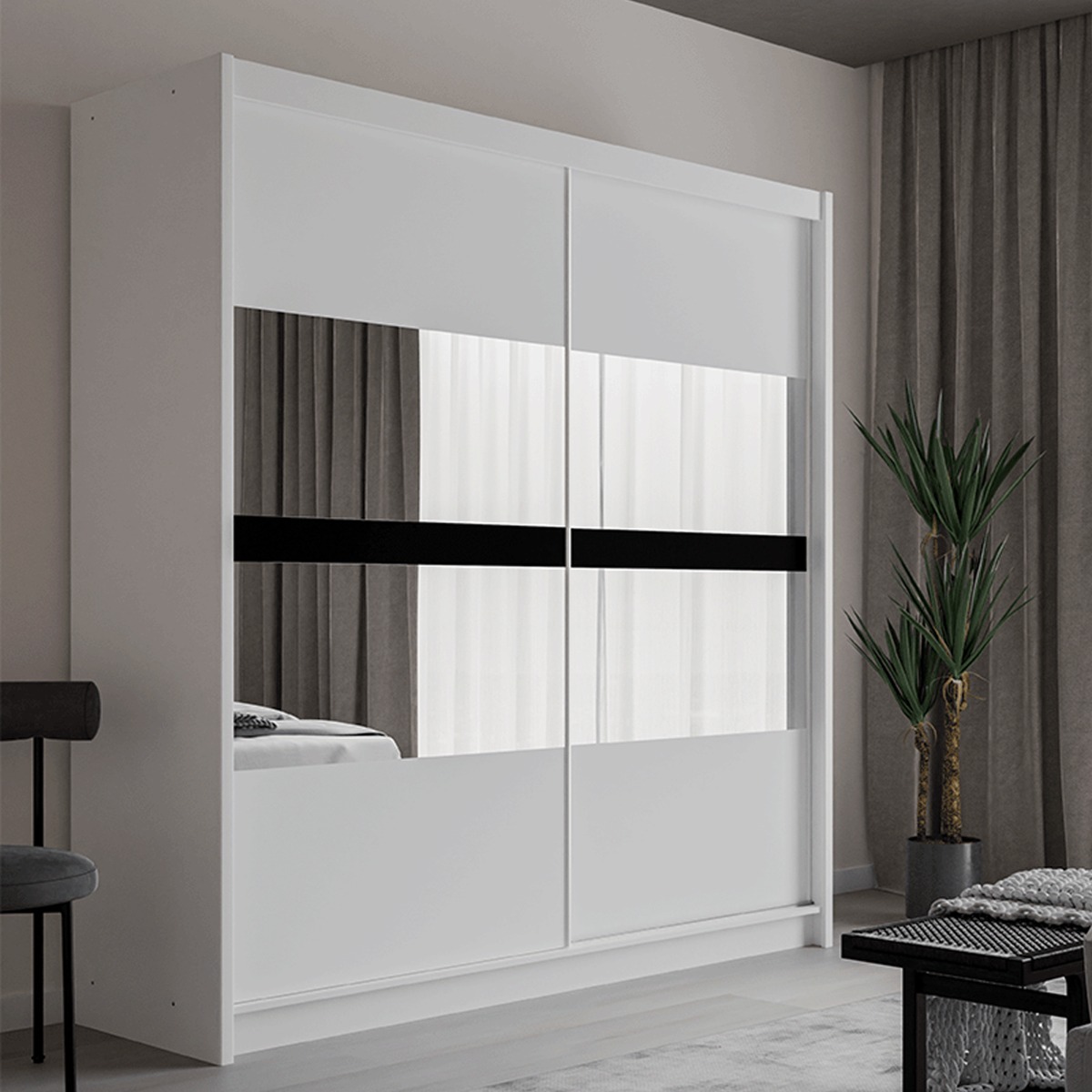 Sliding Wardrobe - TRAFFORD 2 Door Mirrored Wardrobe White 203cm - Avellino & Wells