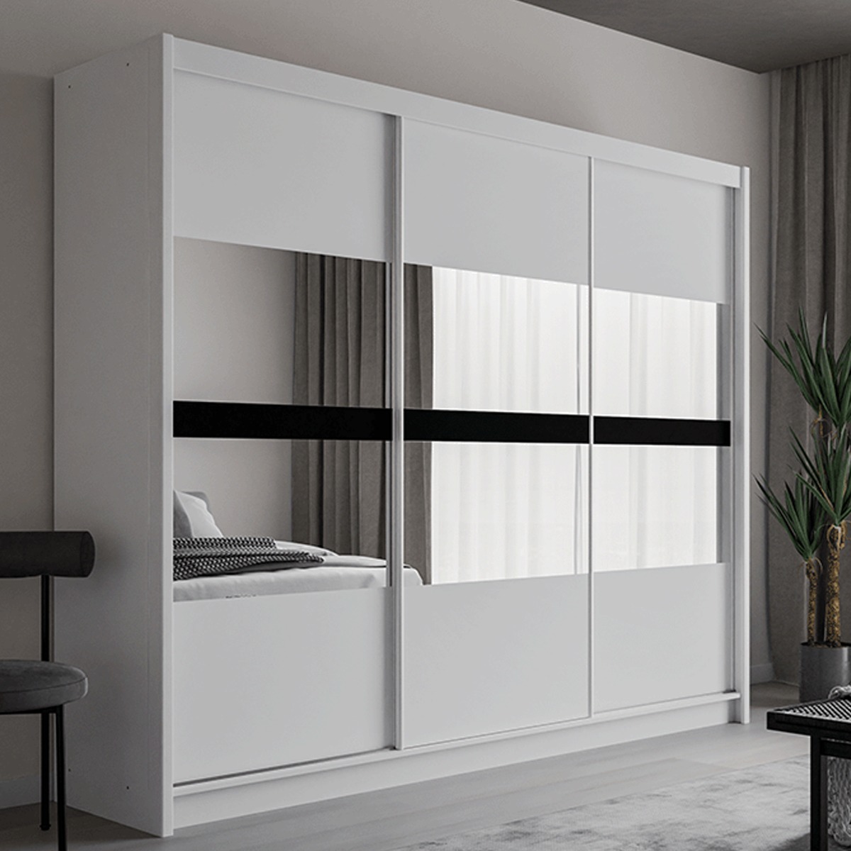 Sliding Wardrobe - TRAFFORD 3 Door Mirrored Wardrobe White 250cm - Avellino & Wells