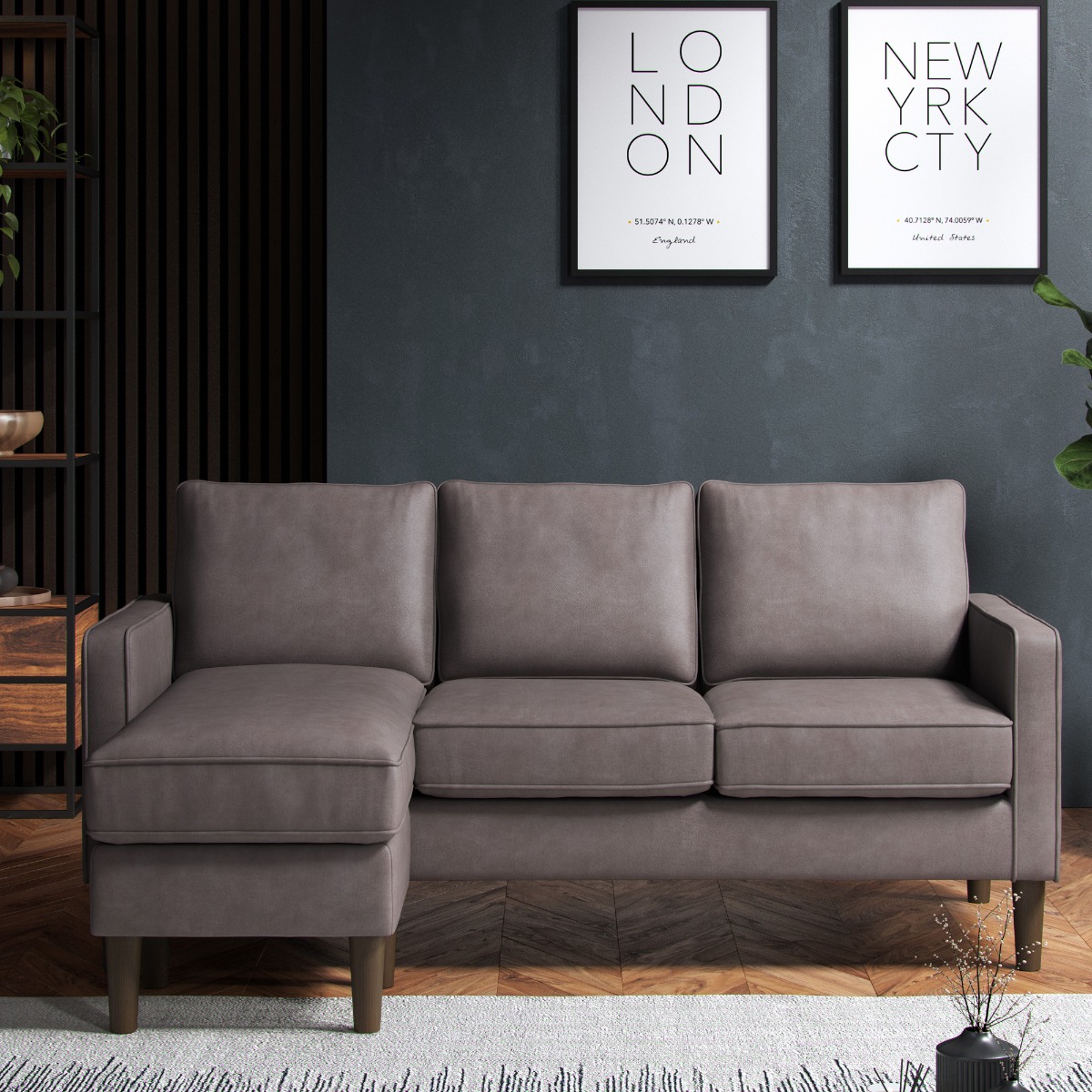 TREVANO Faux Leather 4 Seater Corner Sofa - L Shaped - Reversible Facing - Grey