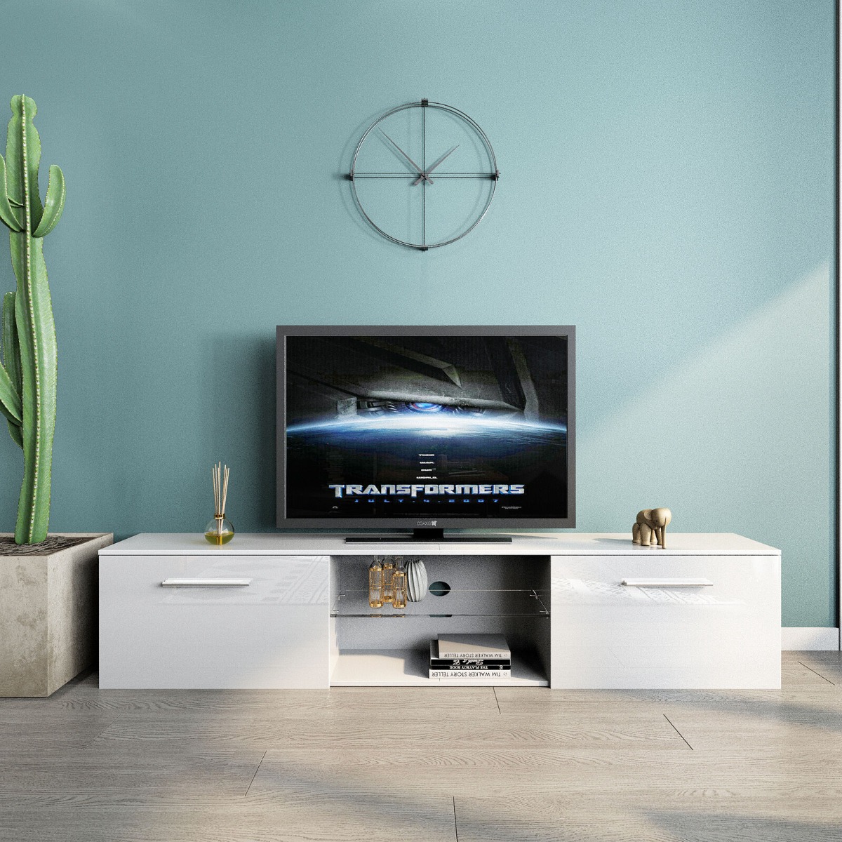 High Gloss Luminous TV Unit Cabinet Stand Doors with LED Lights - White - Bedroom & More