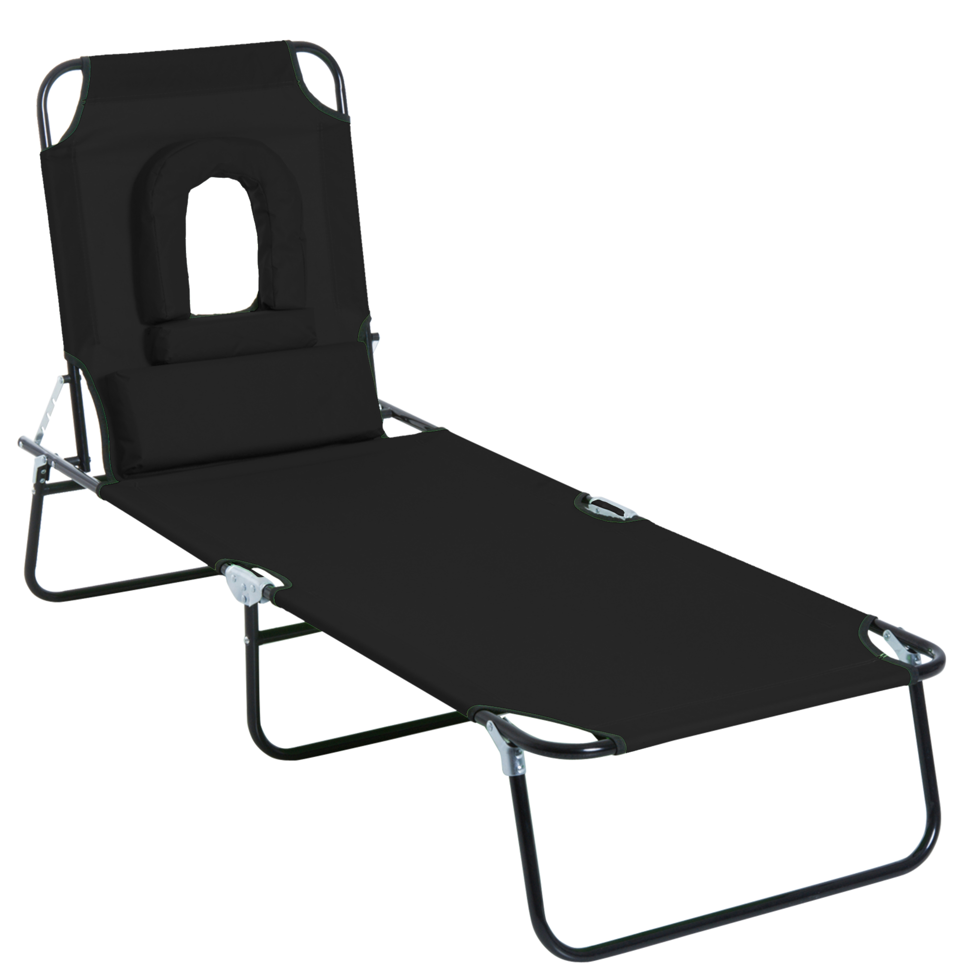 Sun Lounger Foldable Reclining Chair with Pillow and Reading Hole Garden Beach Outdoor Recliner Adjustable Black - Life Essentials