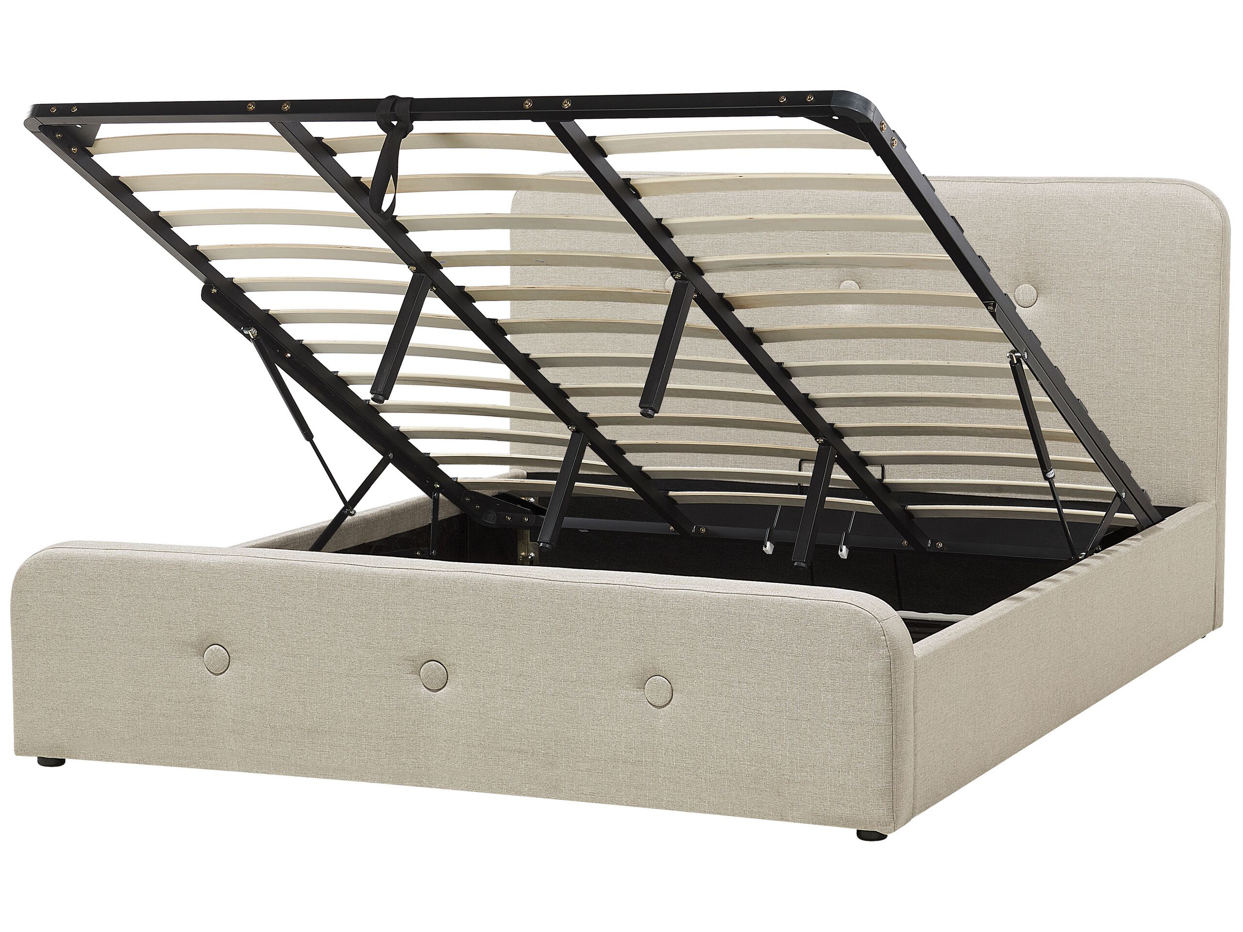 Slatted Bed Frame Beige Polyester Fabric Upholstered Wooden Legs Ottoman Storage 6ft EU Super King Size Modern Design - Gemini Interiors