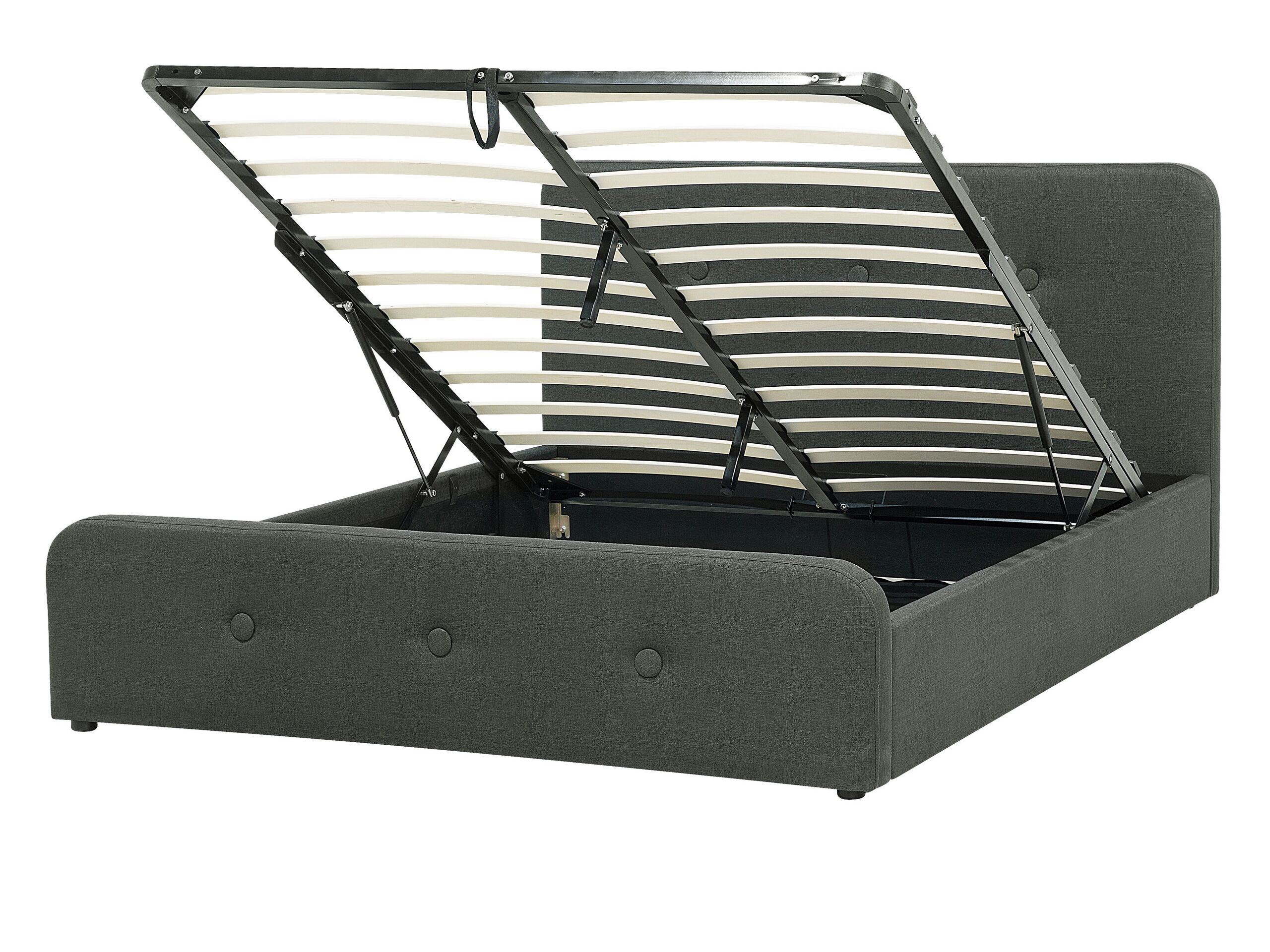 Slatted Bed Frame Dark Grey Polyester Fabric Upholstered Wooden Legs Ottoman Storage 4ft6 EU Double Size Modern Design - Gemini Interiors
