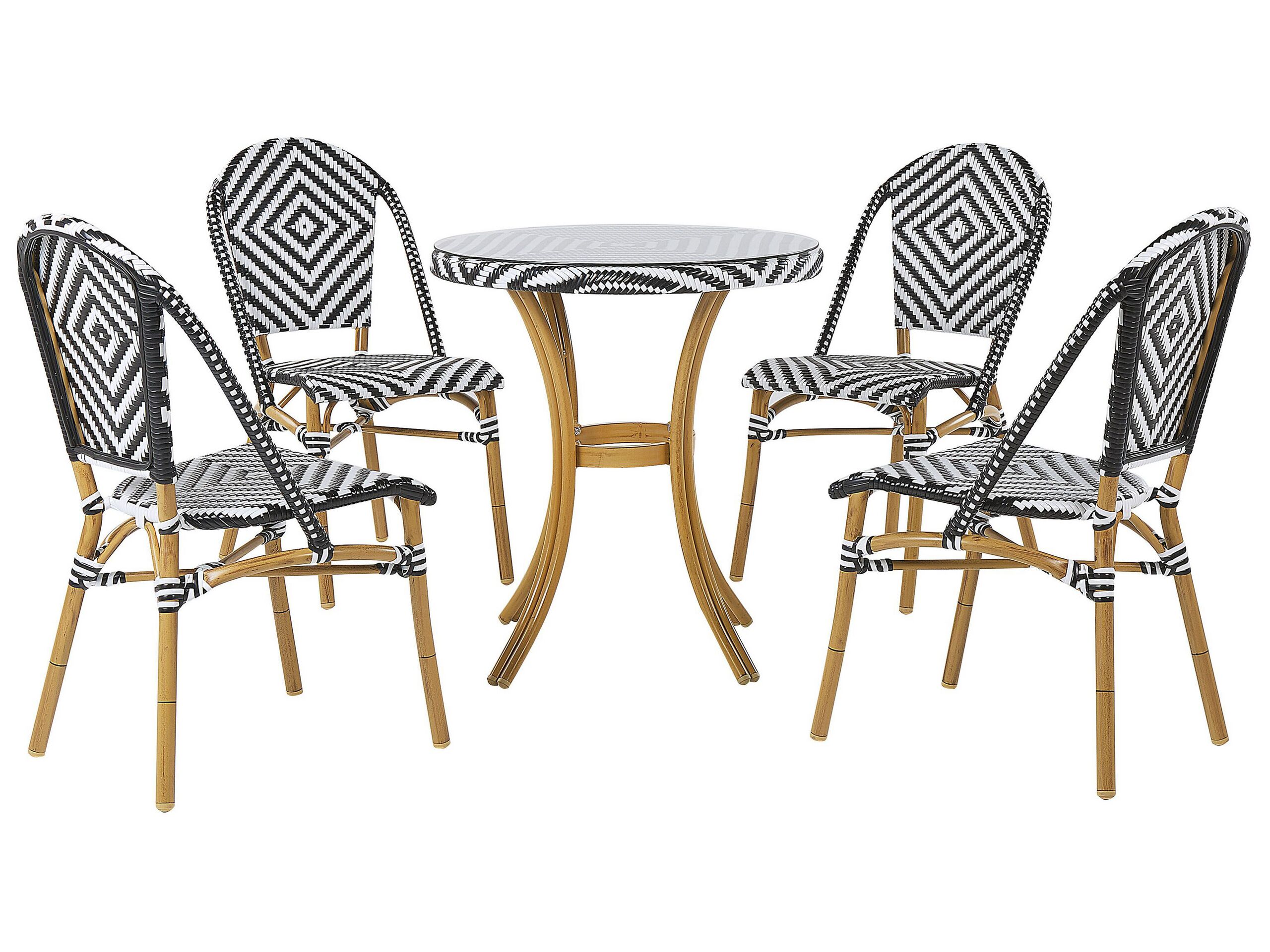 4 Seater Garden Dining Set Black and White PE Rattan Top 70 Table and 4 Stackable Aluminium Frame - Gemini Interiors