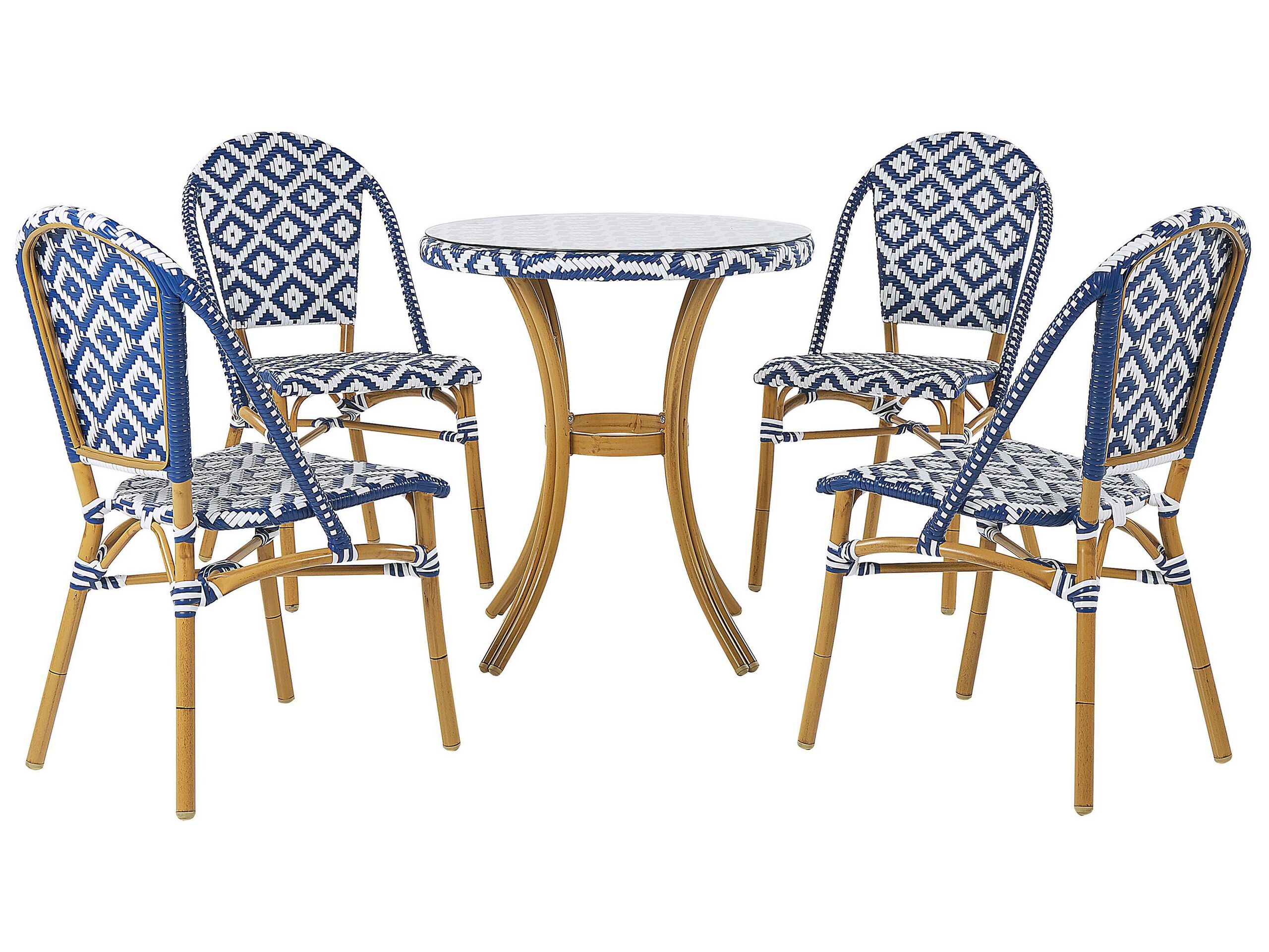 4 Seater Garden Dining Set Blue and White PE Rattan Top 70 Table and 4 Stackable Aluminium Frame - Gemini Interiors