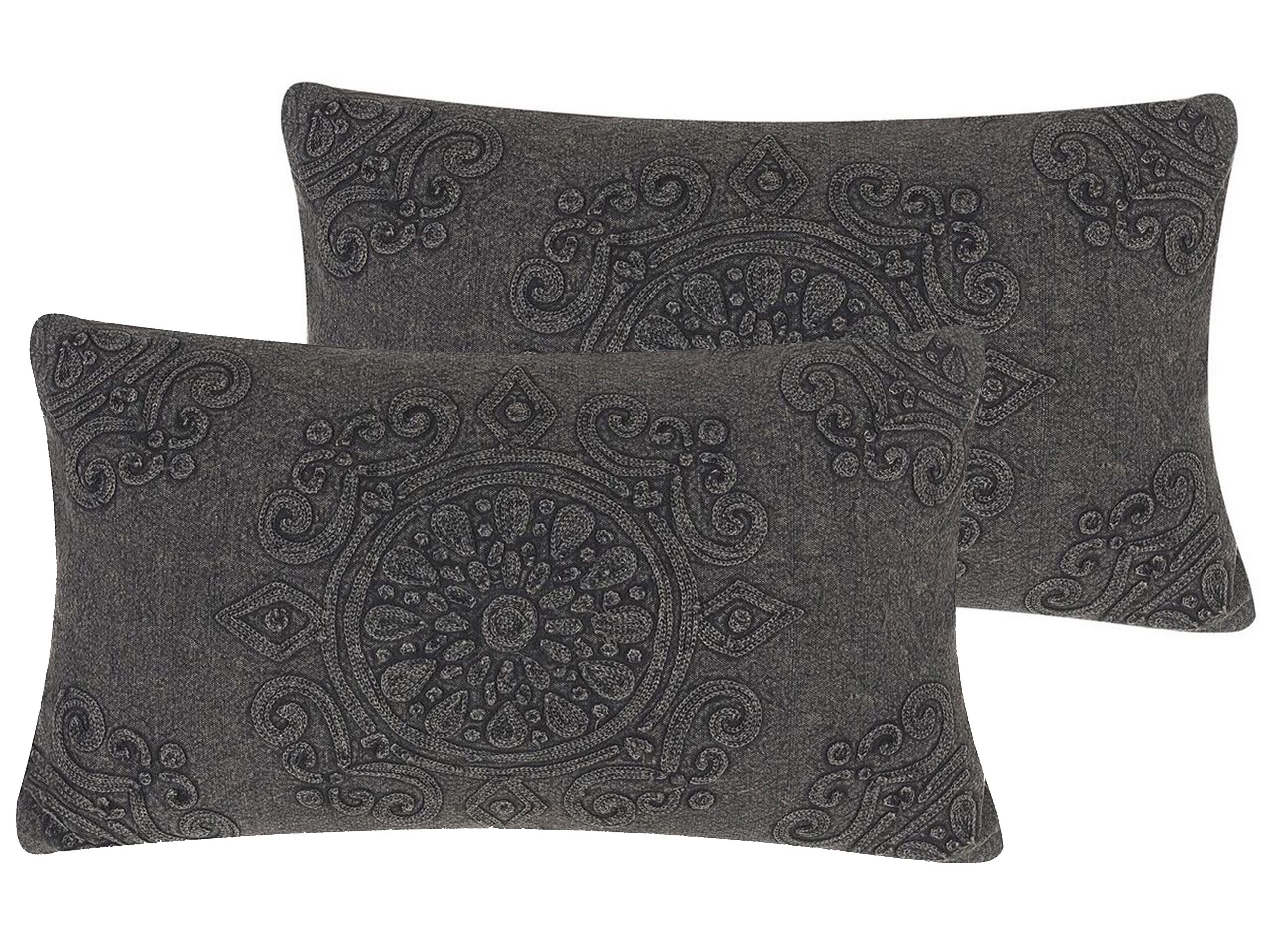 Set of 2 Decorative Cushions Grey Cotton Mandala Pattern 30 x 50 cm Oriental Vintage Decor Accessories - Gemini Interiors