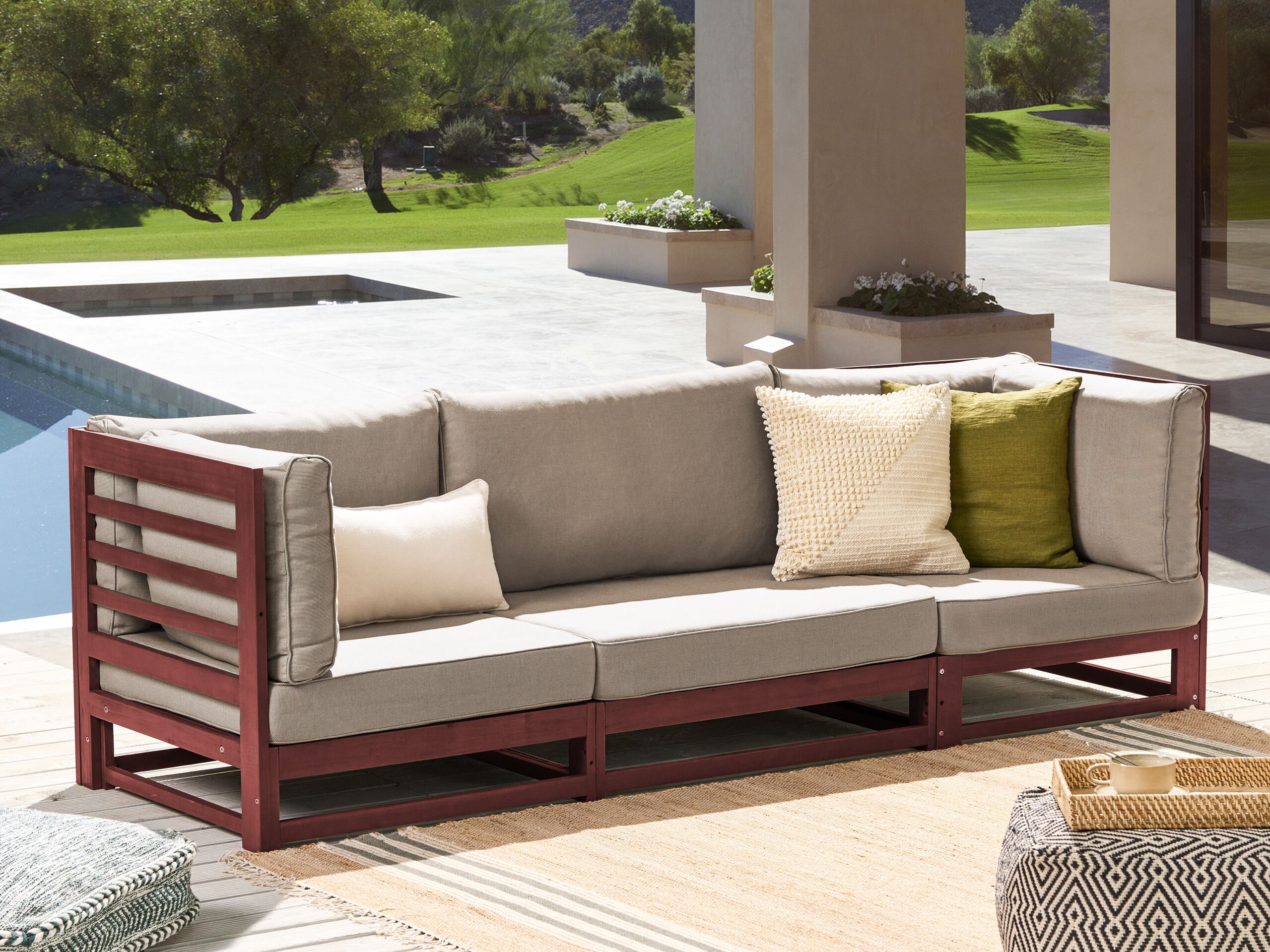 3 Seater Acacia Wood Garden Sofa - Mahogany Brown - Gemini Interiors