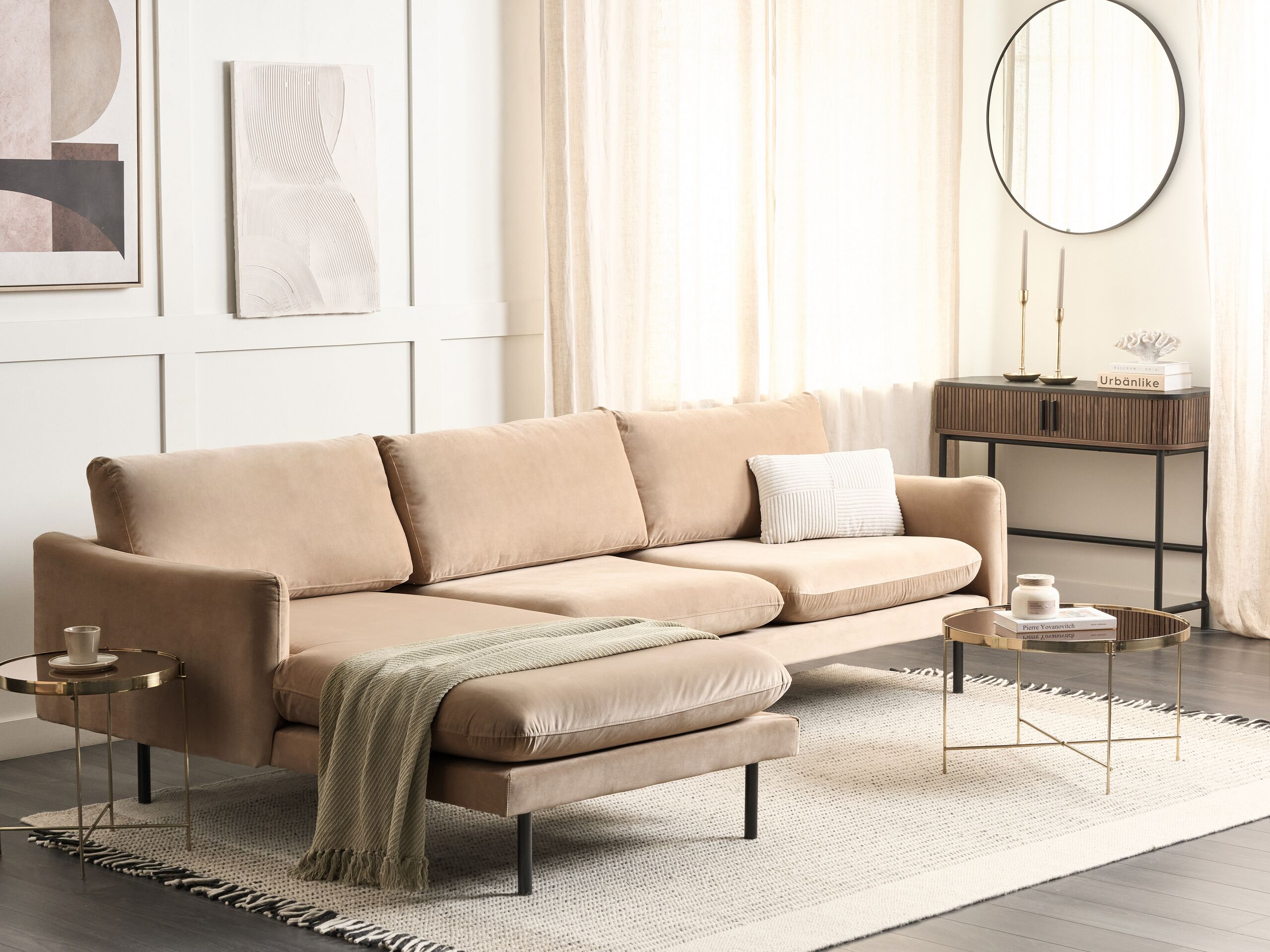 Right Hand Velvet Corner Sofa Beige VINTERBRO - Gemini Interiors