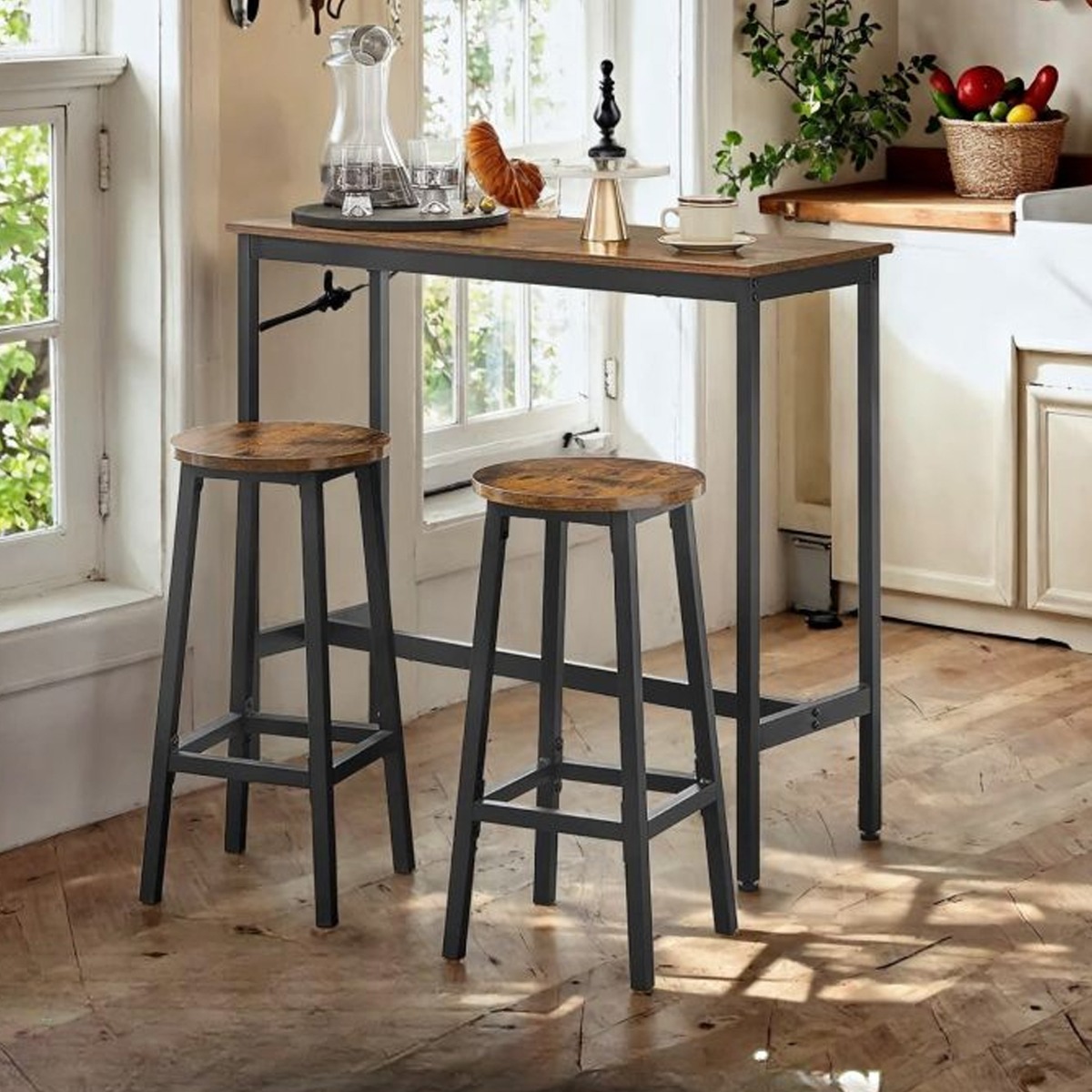 Bar Table Set - VERRA Kitchen Table with 2 Bar Stools - Brown Black