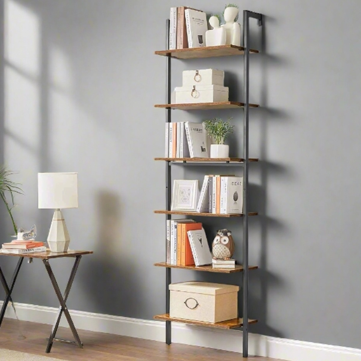 GRALVEN Ladder Shelf 6-Tier Bookshelf for Home or Office - Rustic Brown and Black - The Urban Forge