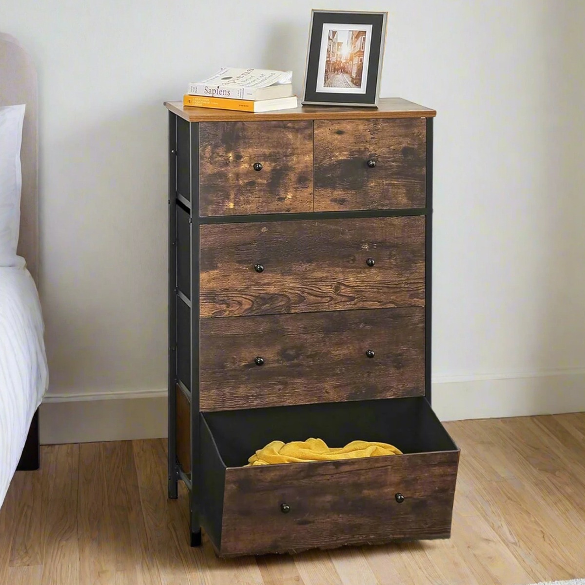 ROVESTA Brown Fabric Chest of Drawers - Medium-sized, 5 Drawers - The Urban Forge
