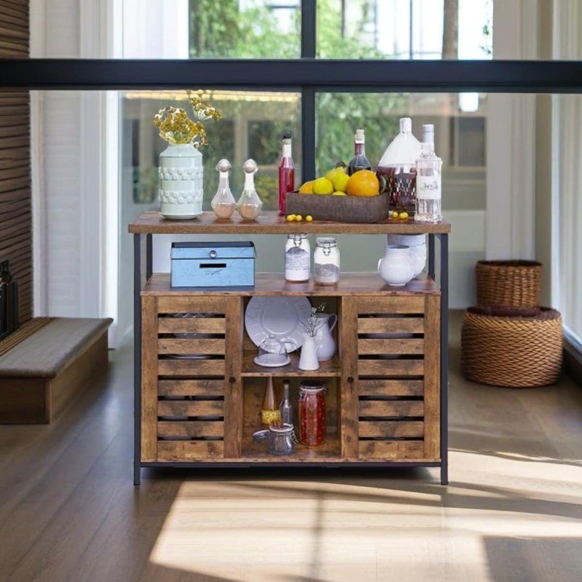 ELVARIS Kitchen Cabinet Floor Standing Unit with Louvred Doors - Rustic Brown - The Urban Forge