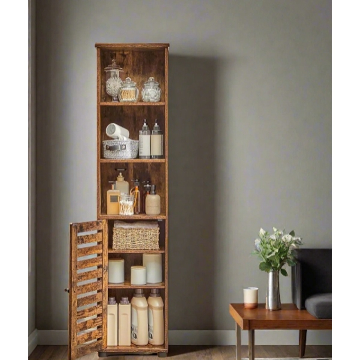 GRALVEN Storage Cabinet Tall Floor Cabinet with Door and Adjustable Shelves - Rustic Brown - The Urban Forge