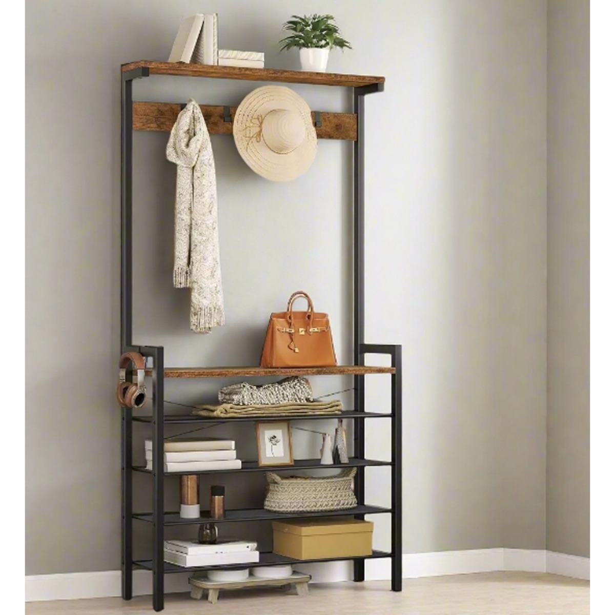 CORTHANE Coat Rack Entryway Stand with Shoe Storage Shelves Hallway Organiser - Rustic Brown - The Urban Forge
