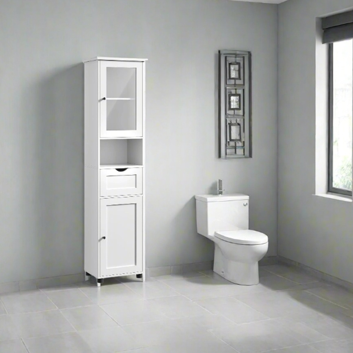 DREVONA Bathroom Cabinet Tall Storage Unit with Drawer, Glass Door and Shelf - Cloud White - The Urban Forge