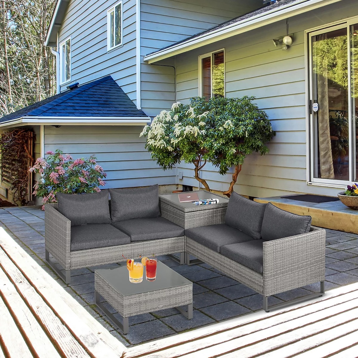 4-Seater PE Rattan Sofa Set Wicker Garden Furniture Outdoor Conservatory Furniture Coffee Table w/ Side Storage Box & Cushion, Grey - Life Essentials