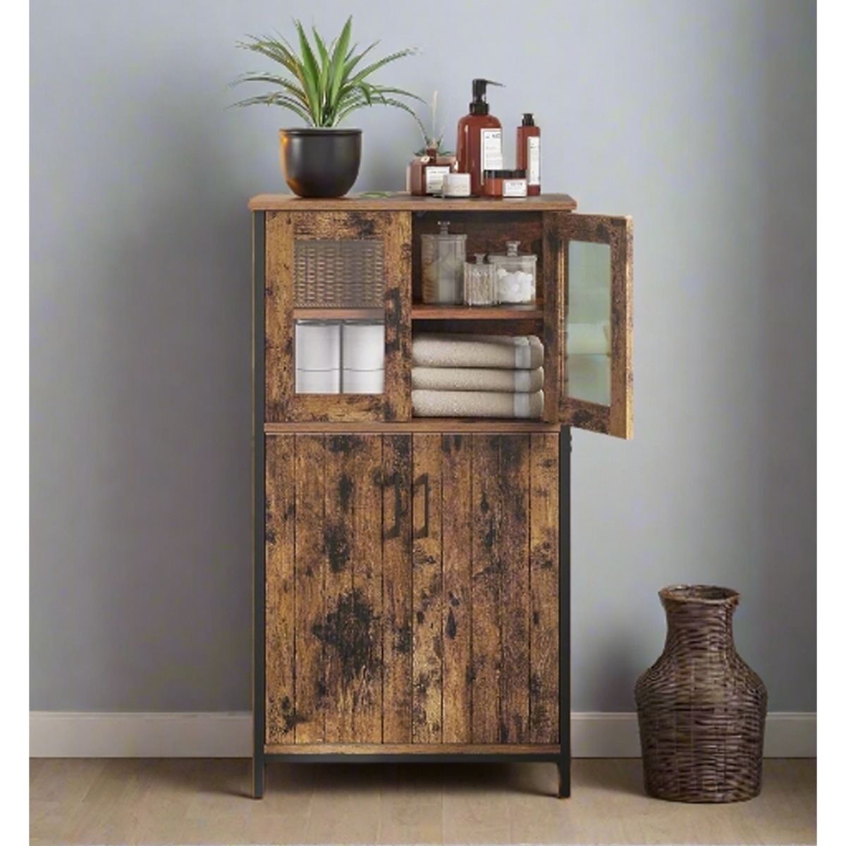 CALIVERN Storage Cabinet Glass Door Unit with Adjustable Shelves - Rustic Brown and Black - The Urban Forge