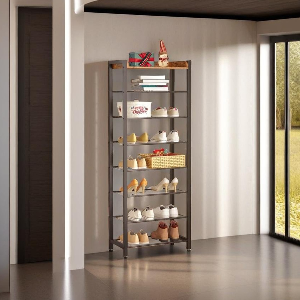 KESTRELLE Tall Vertical Shoe Rack with Metal Mesh Shelves - Rustic Brown and Black - The Urban Forge