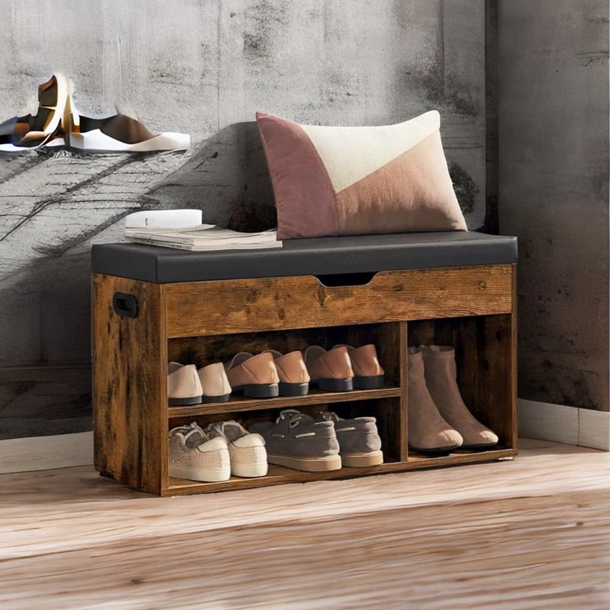 MORVANE Shoe Bench with Padded Seat and Hidden Storage - Rustic Brown - The Urban Forge