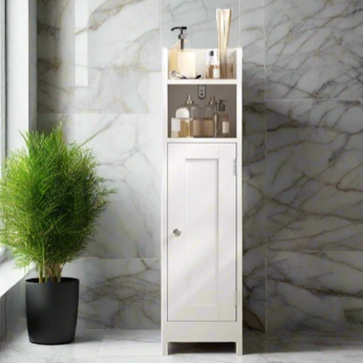 ALVERIX Bathroom Cabinet Slim White Freestanding Unit with Door and Adjustable Shelf - White - The Urban Forge