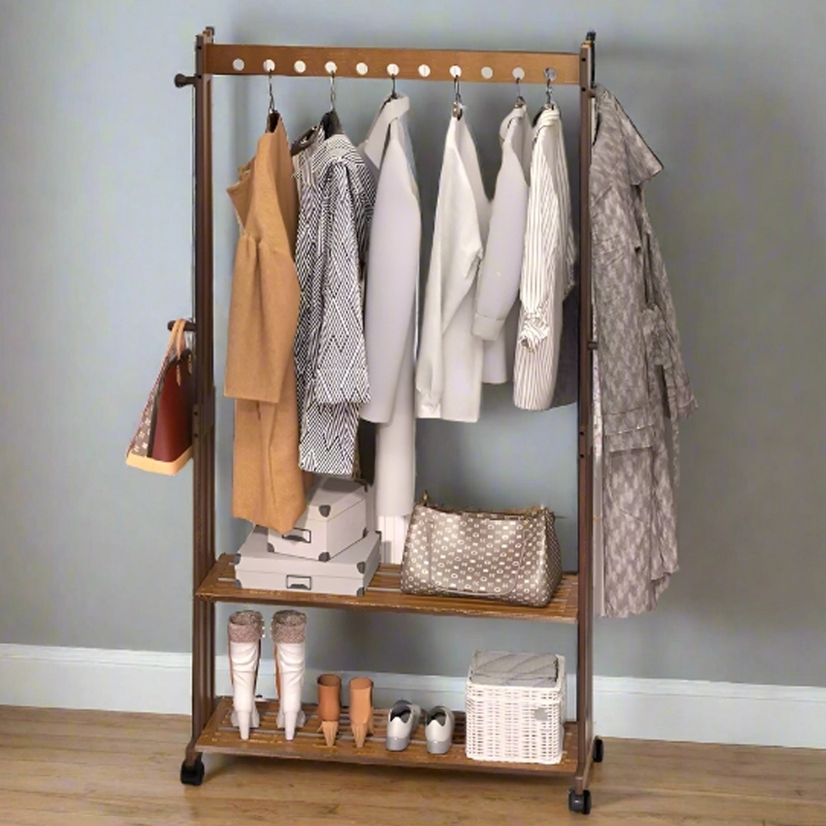 BRIVANE Clothes Rail Rustic Bamboo Rack with Wheels and Adjustable Top Shelf - Natural - The Urban Forge
