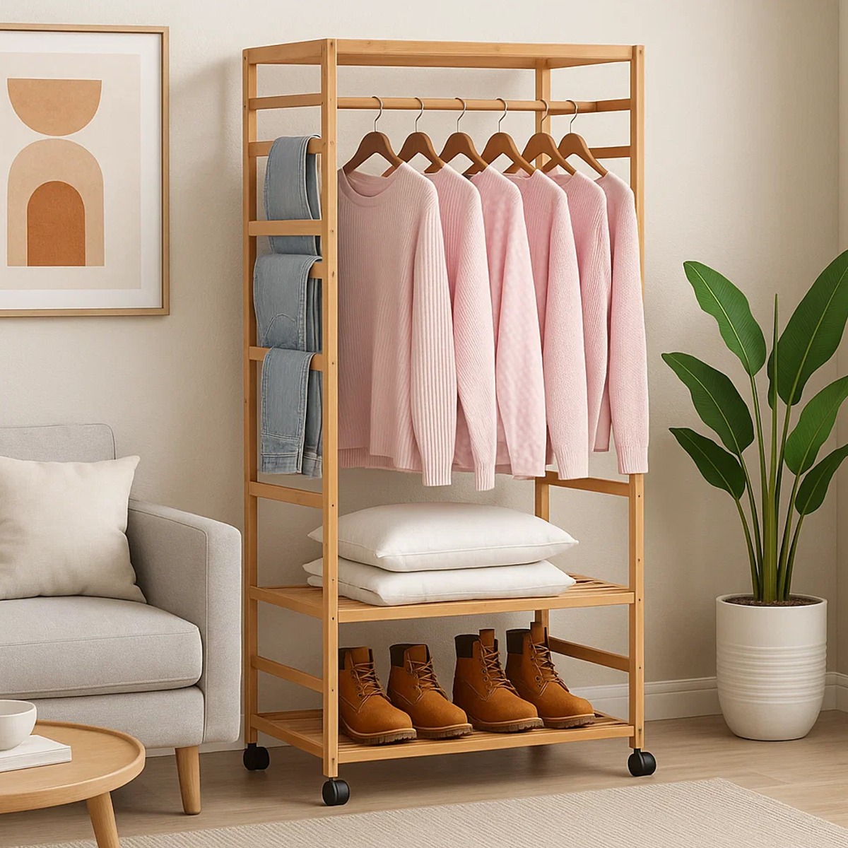BRIVANE Clothes Rack Wooden Garment Stand with Shelves and Wheels - Natural - The Urban Forge